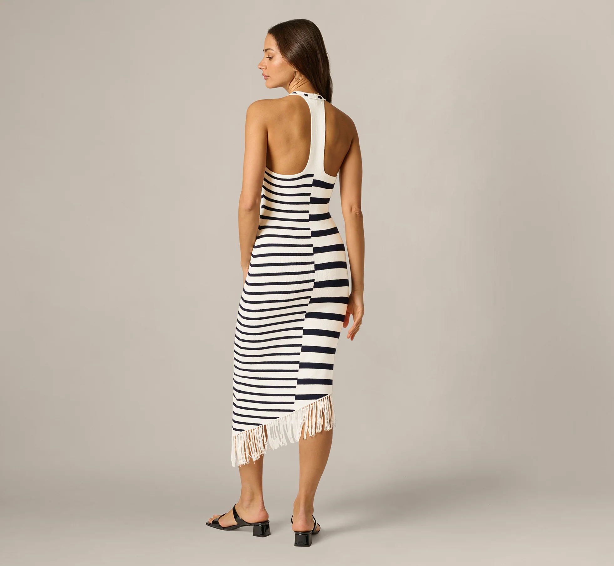 Striped Asymmetrical Fringe Halter Midi Dress In Ivory Navy - Image 6
