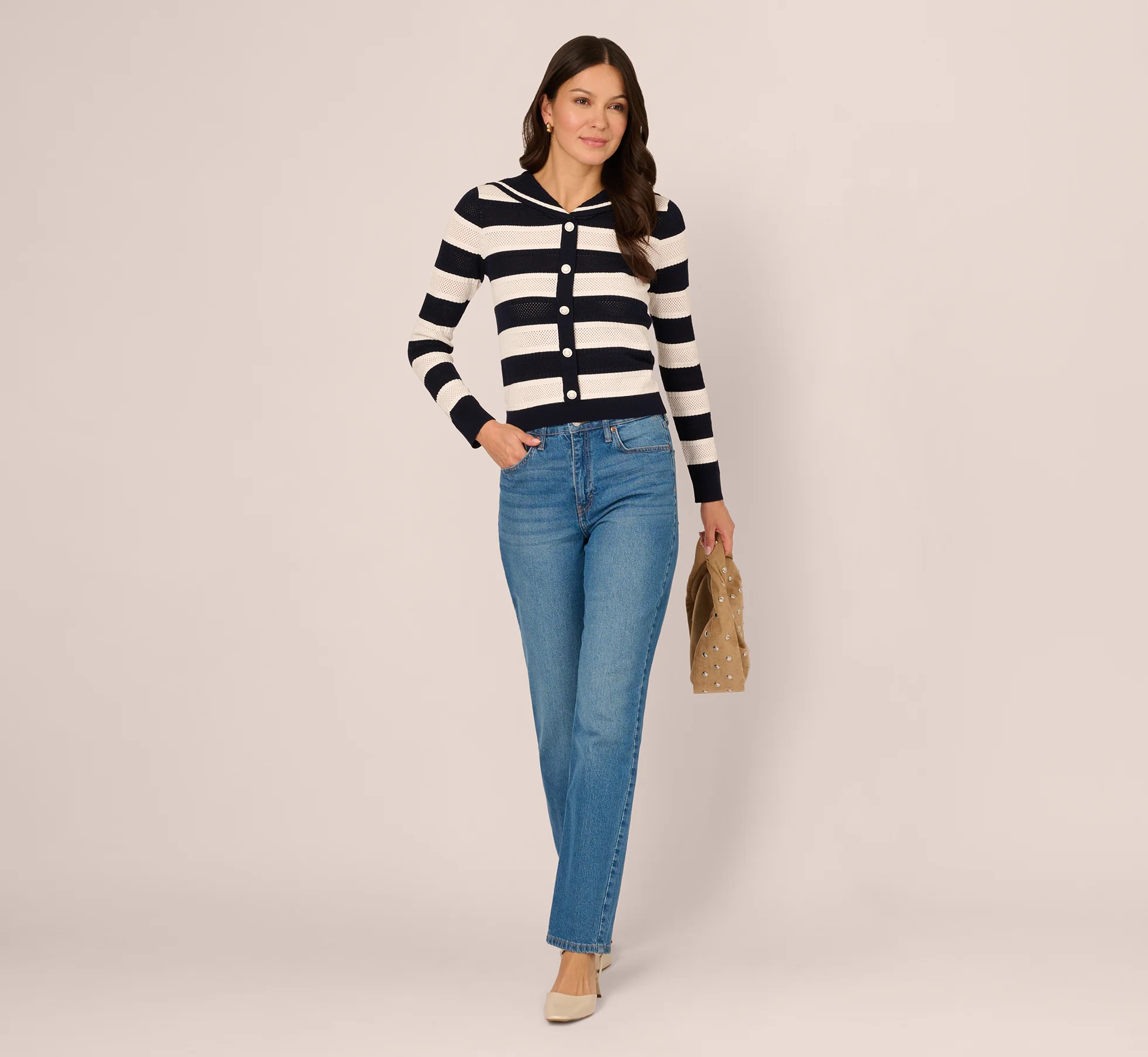 Striped Open Knit Sailor Collar Cardigan In Blue Moon Ivory - Image 2
