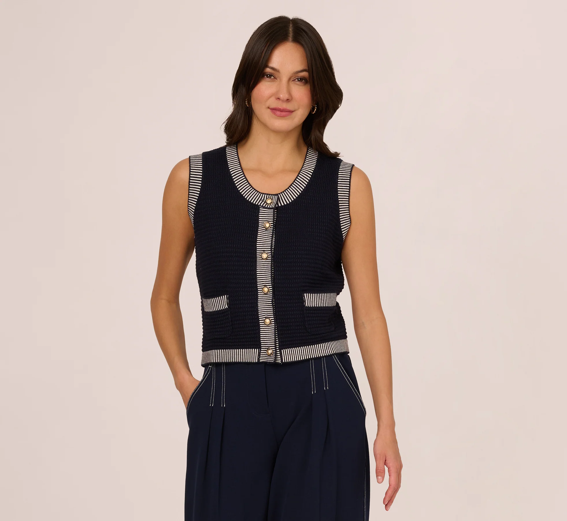 Striped Trim Cardigan Sweater Vest In Navy Ivory - Image 3