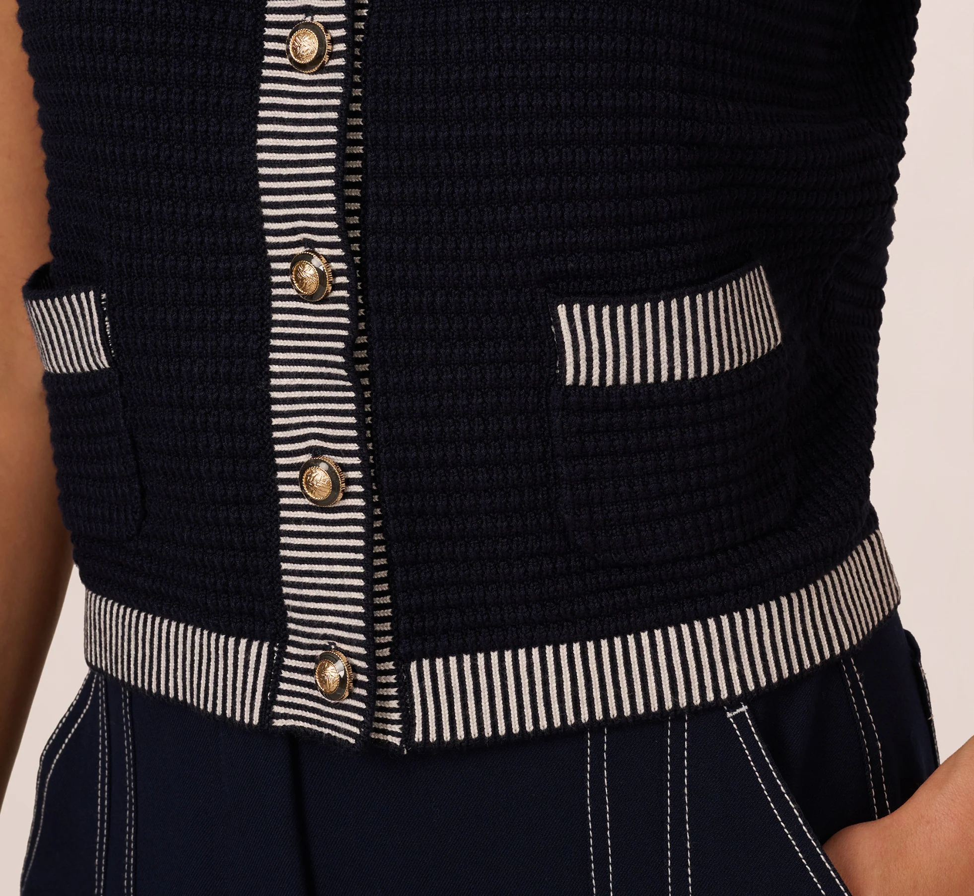 Striped Trim Cardigan Sweater Vest In Navy Ivory - Image 4