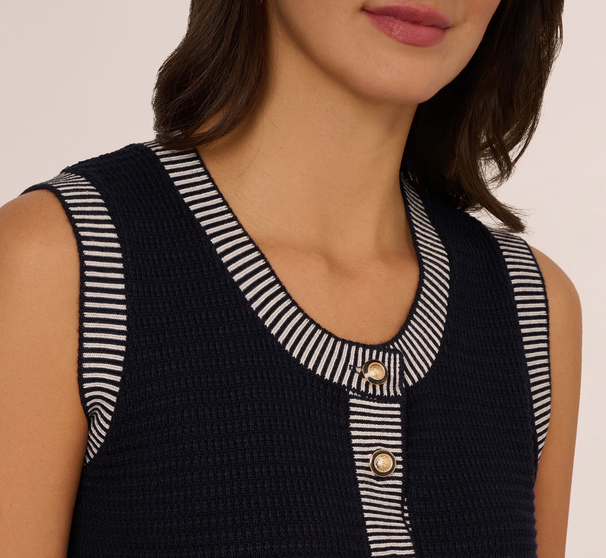 Striped Trim Cardigan Sweater Vest In Navy Ivory - Image 5