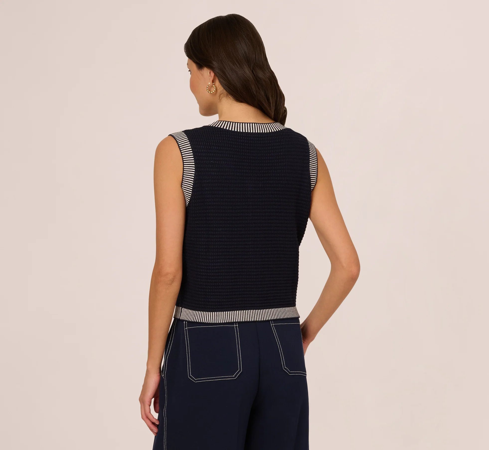 Striped Trim Cardigan Sweater Vest In Navy Ivory - Image 6