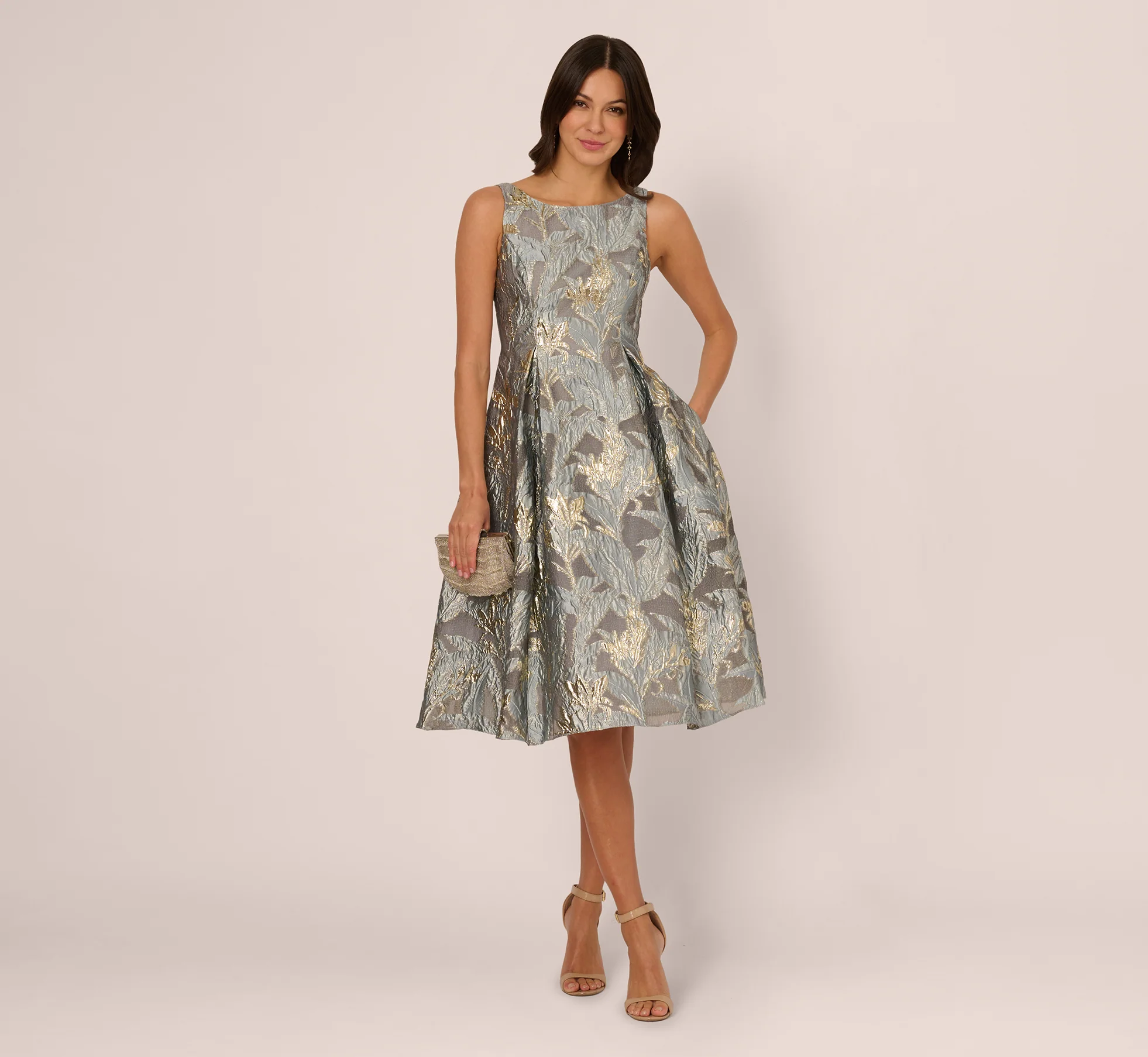 Tea Length Jacquard Dress With Sleeveless Bodic In Slate