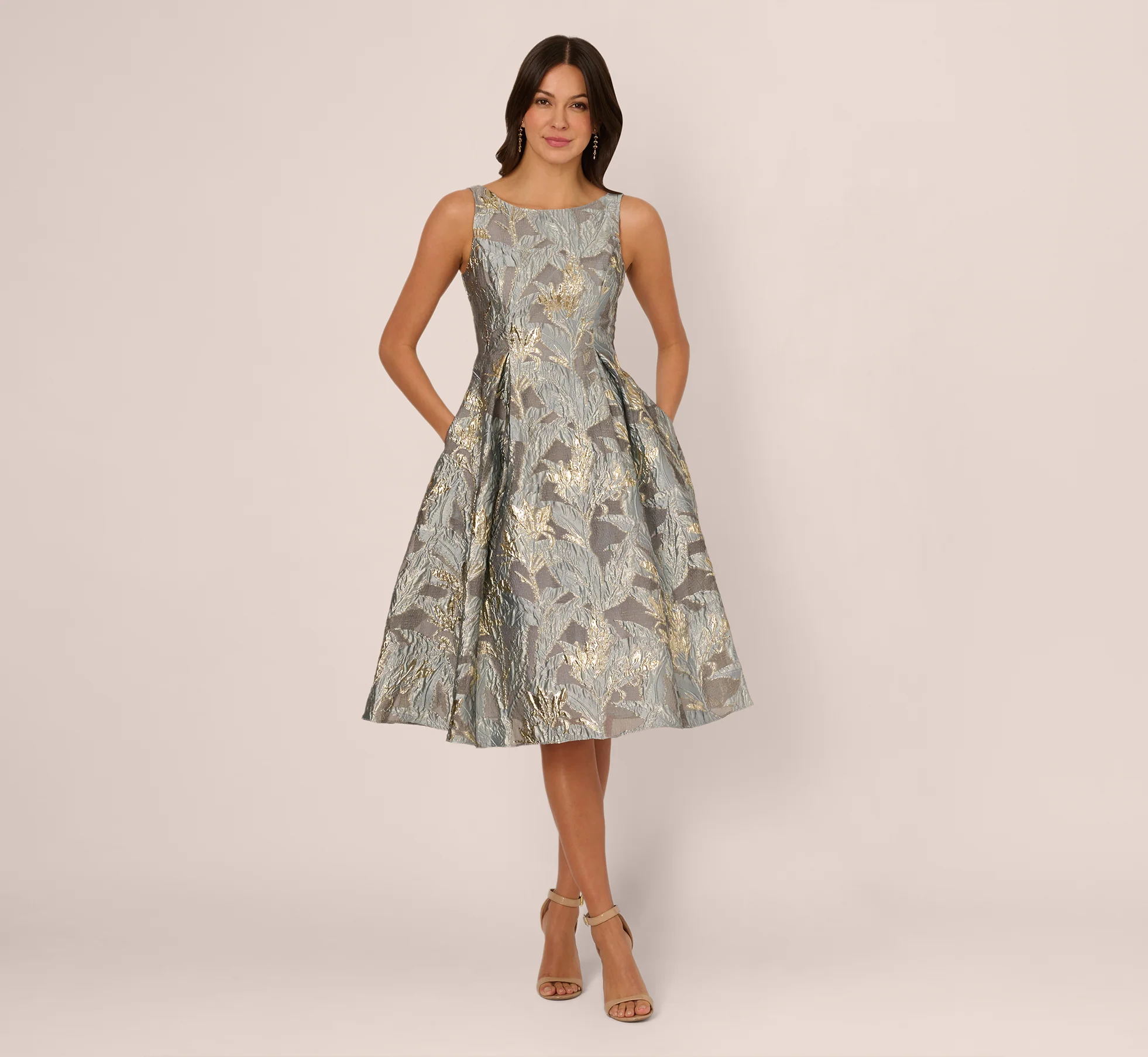 Tea Length Jacquard Dress With Sleeveless Bodic In Slate - Image 7