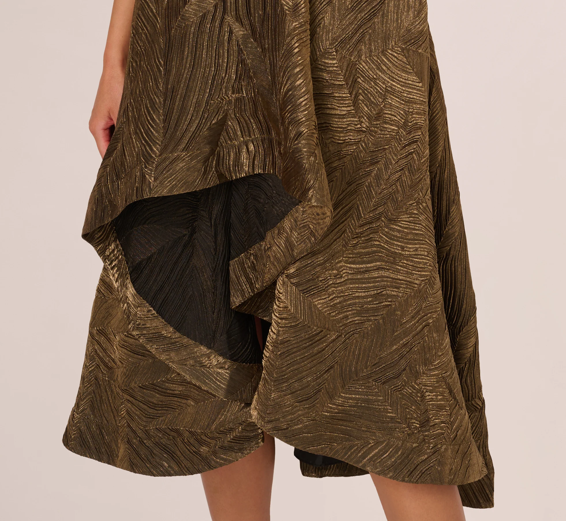 Textured Jacquard High Low Dress With Notched Neck In Metallic Gold - Image 3