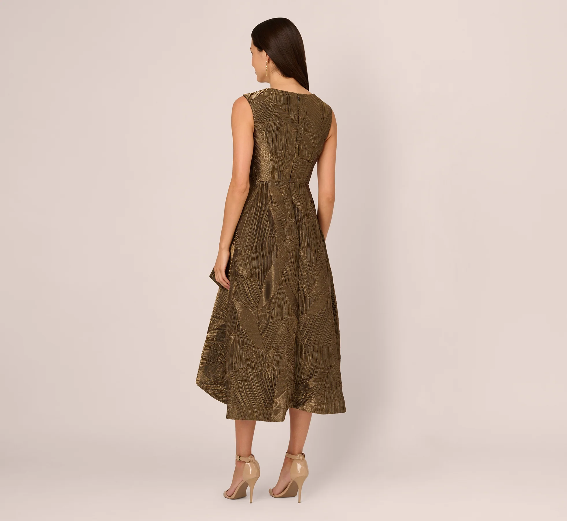 Textured Jacquard High Low Dress With Notched Neck In Metallic Gold - Image 5