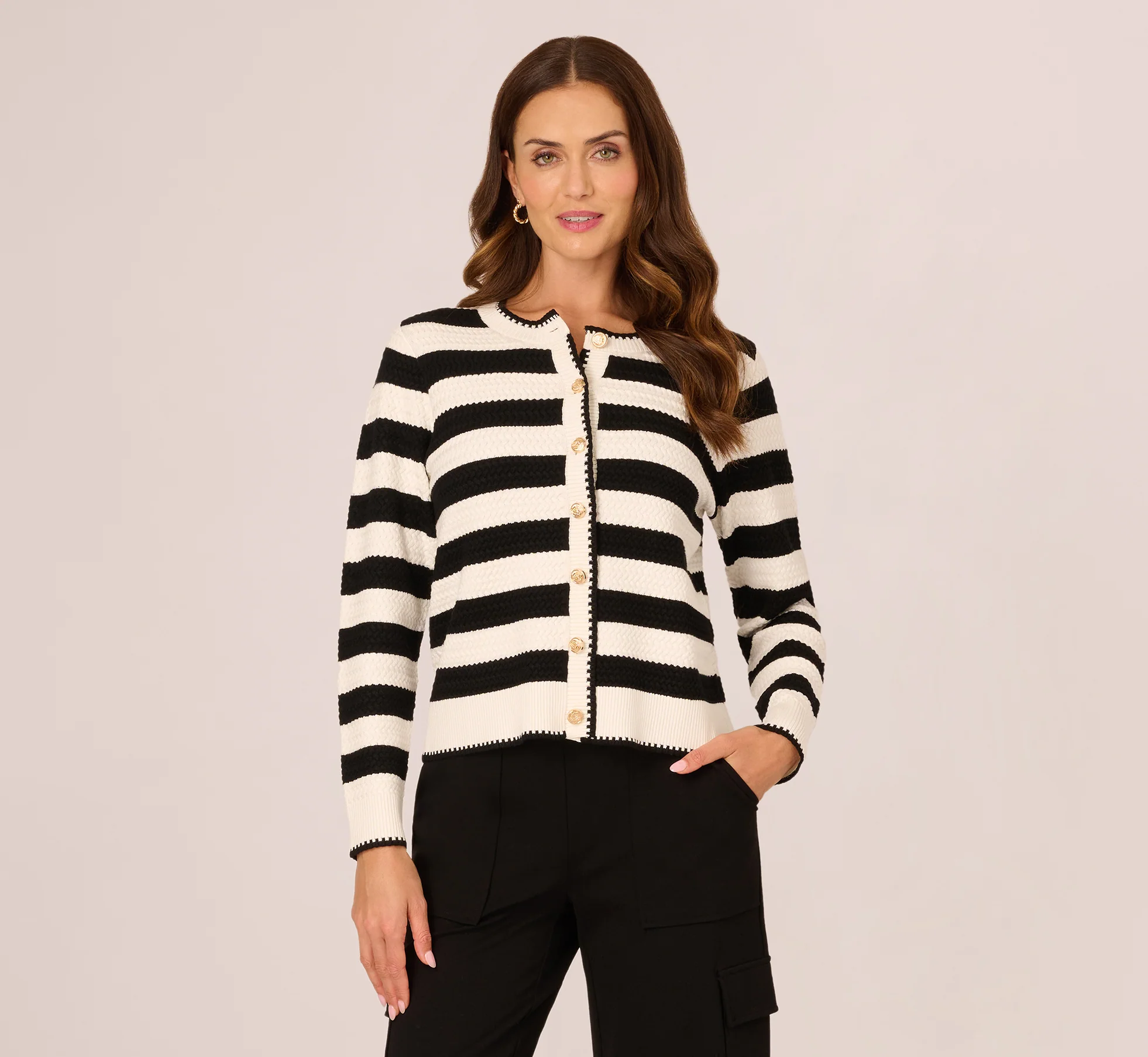 Textured Knit Blanket Stitch Cardigan Sweater In Ivory Black - Image 3
