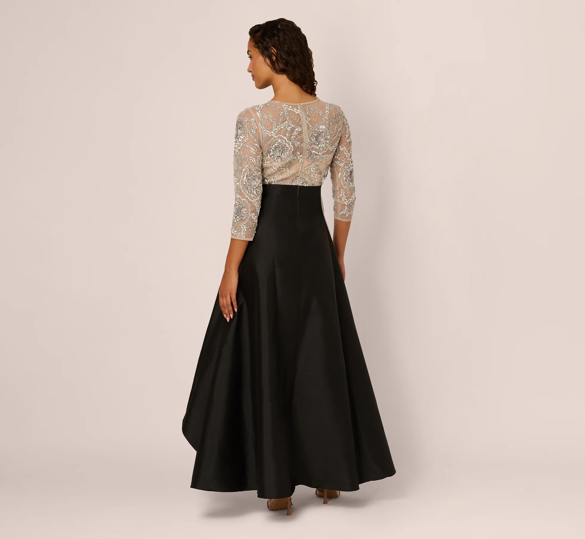 Three Quarter Sleeve Beaded Taffeta Combo Gown In Black Silver - Image 6