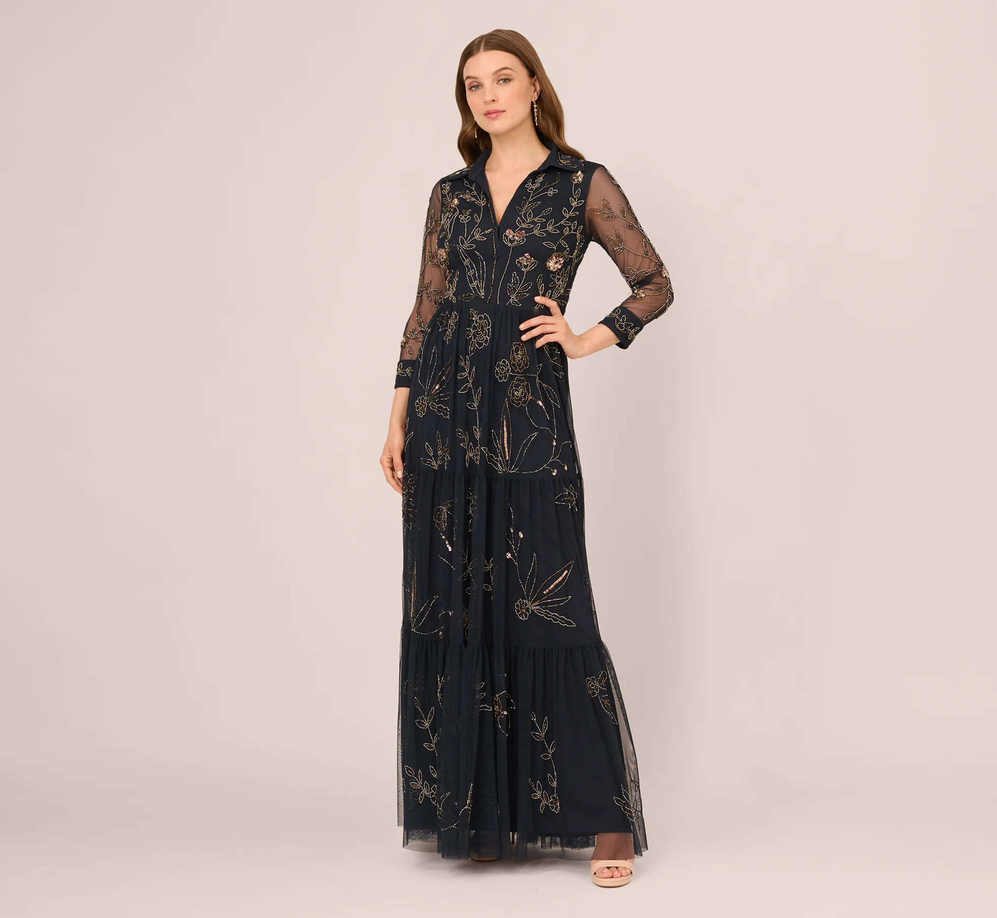 Three Quarter Sleeve Collared Floral Beaded Gown In Midnight Multi - Image 2