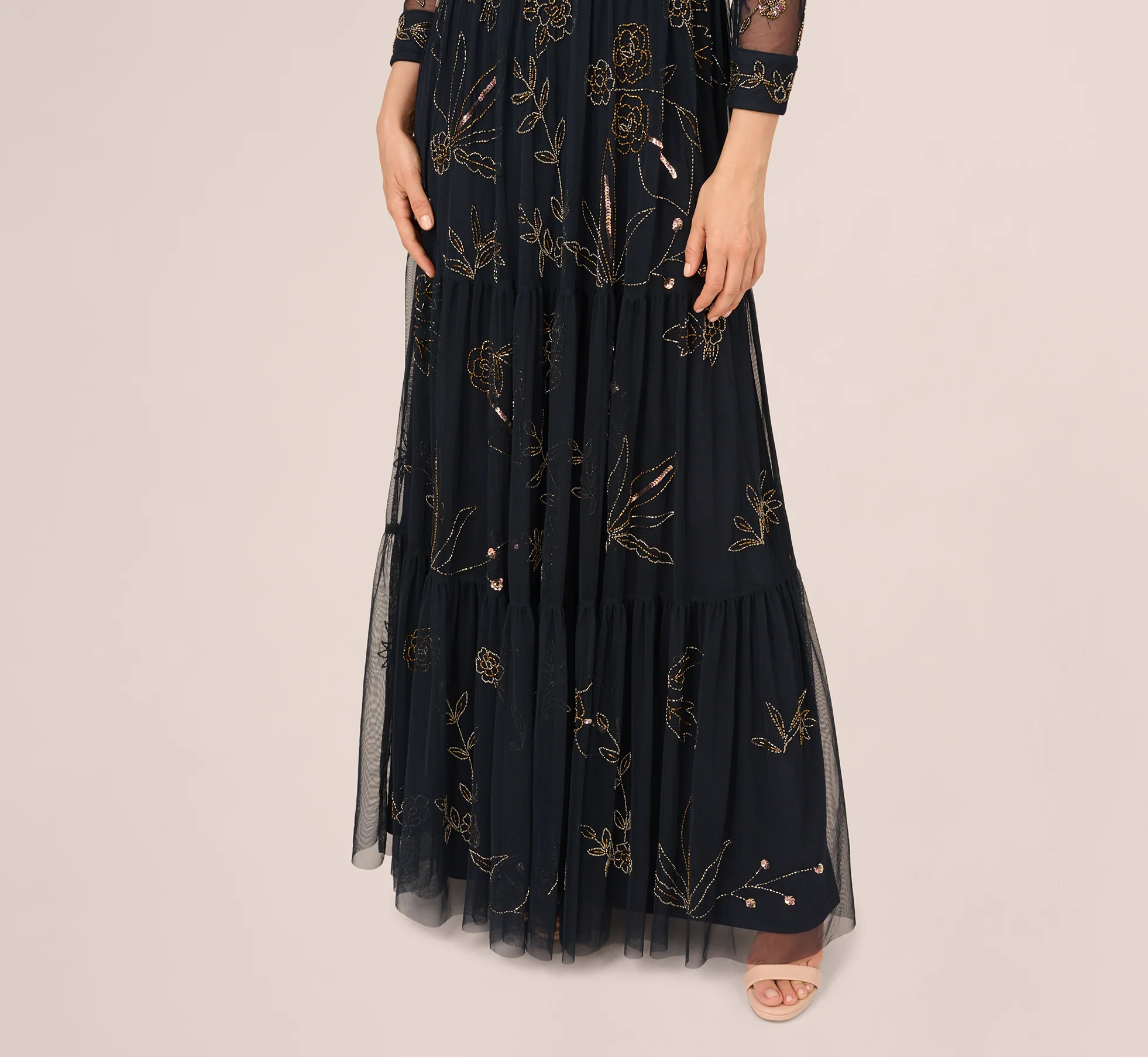 Three Quarter Sleeve Collared Floral Beaded Gown In Midnight Multi - Image 4