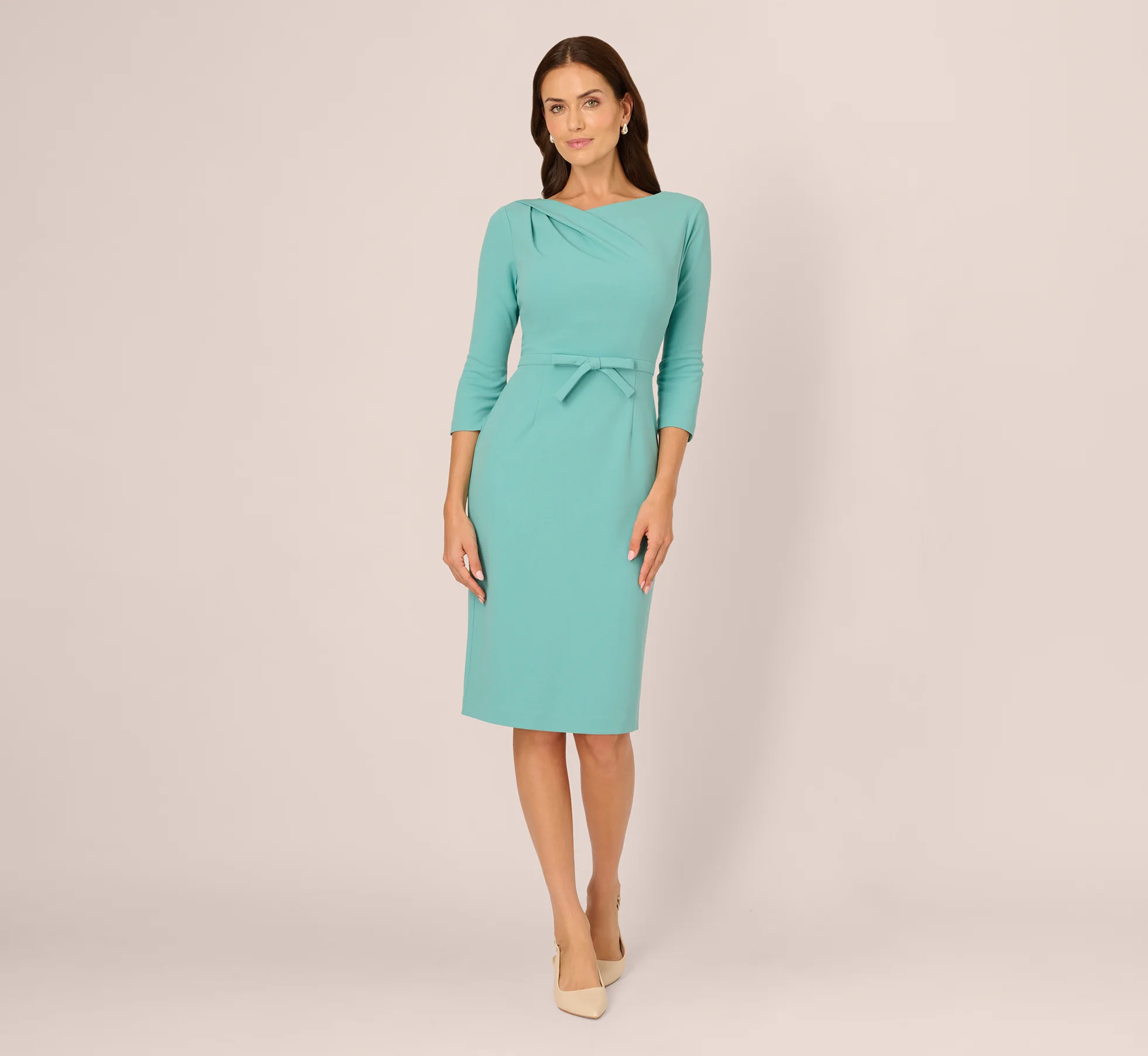 Three Quarter Sleeve Drape Collar Sheath Dress In Smoky Jade - Image 7