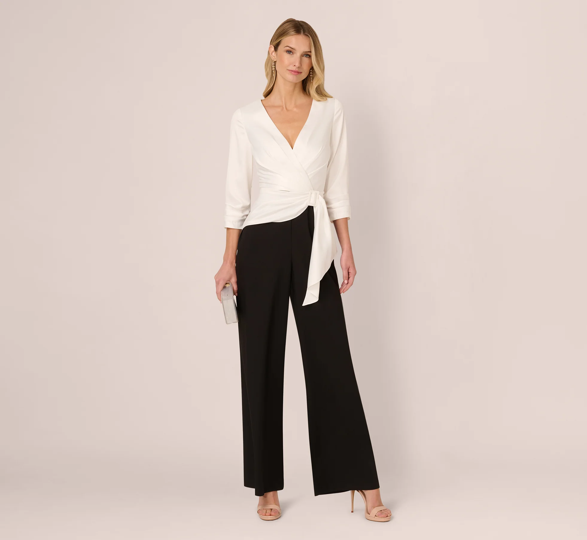 Three Quarter Sleeve Draped Combo Jumpsuit In Ivory Black - Image 2