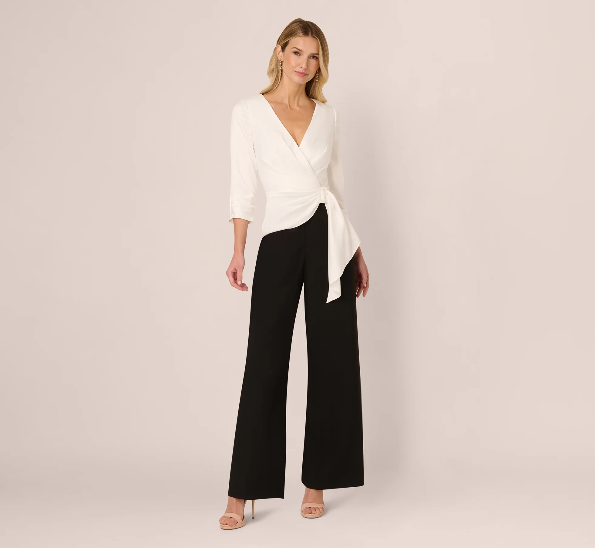 Three Quarter Sleeve Draped Combo Jumpsuit In Ivory Black - Image 3