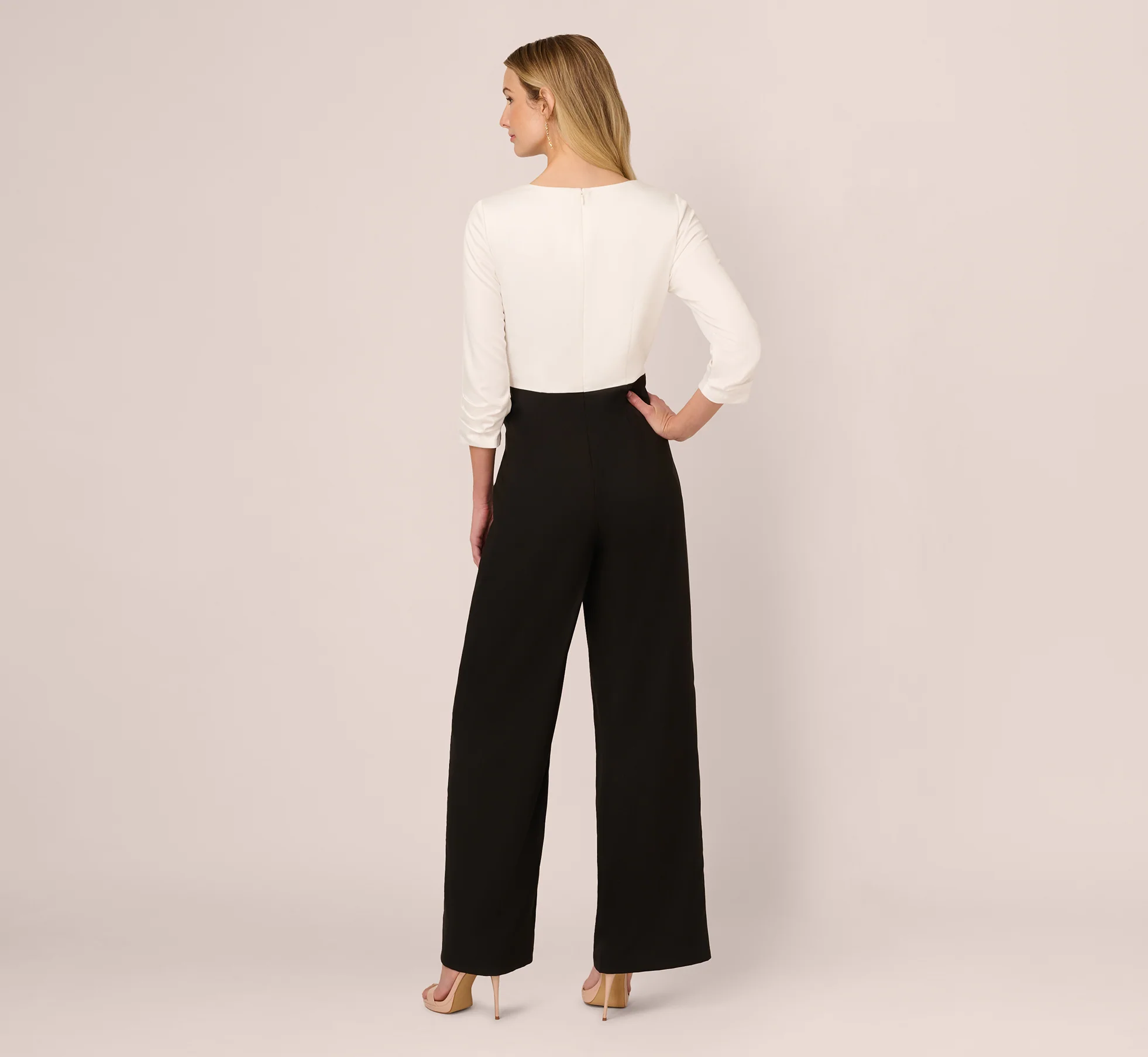 Three Quarter Sleeve Draped Combo Jumpsuit In Ivory Black - Image 6