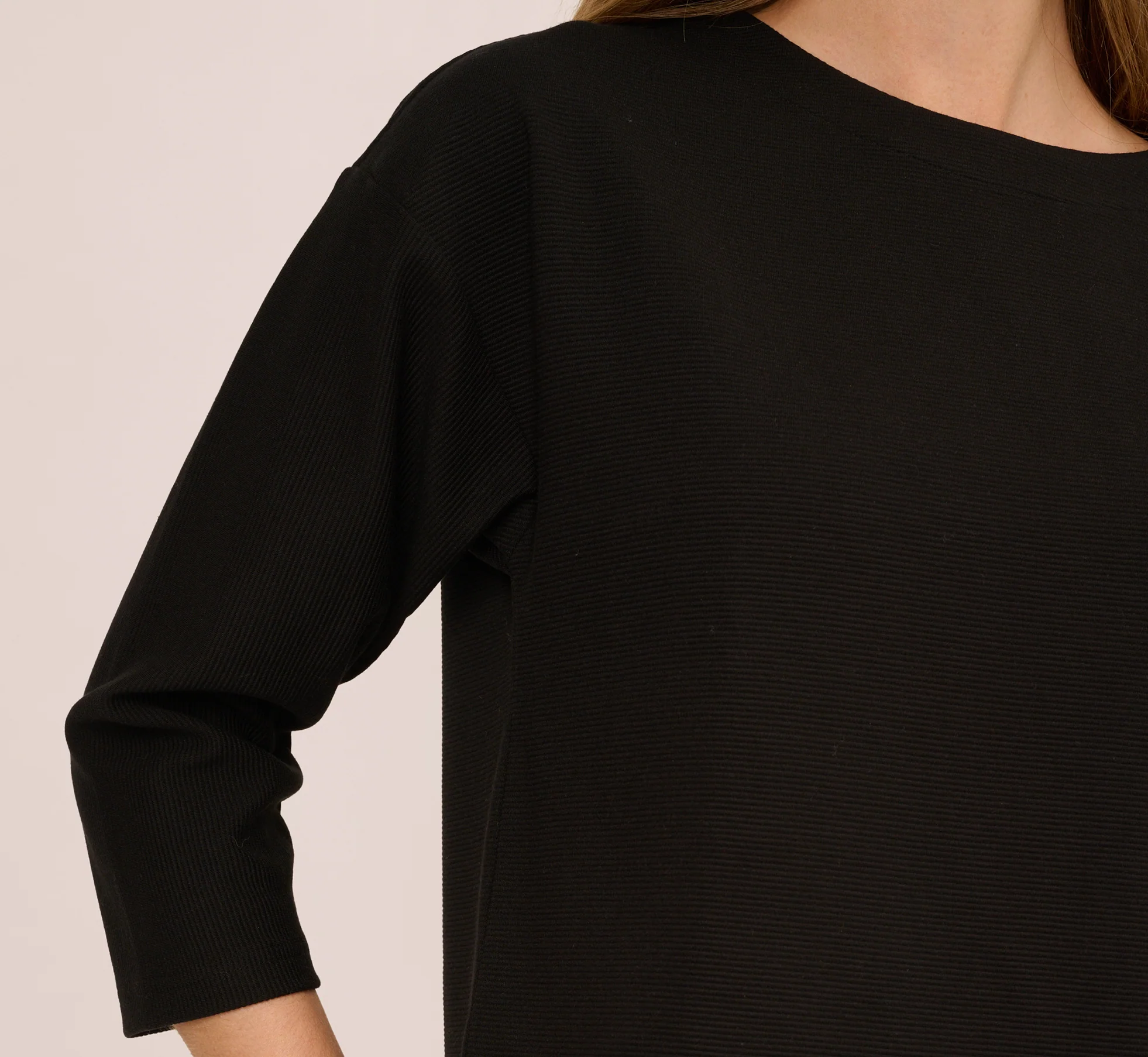 Three Quarter Sleeve Drop Shoulder Rib Knit Top In Black - Image 6