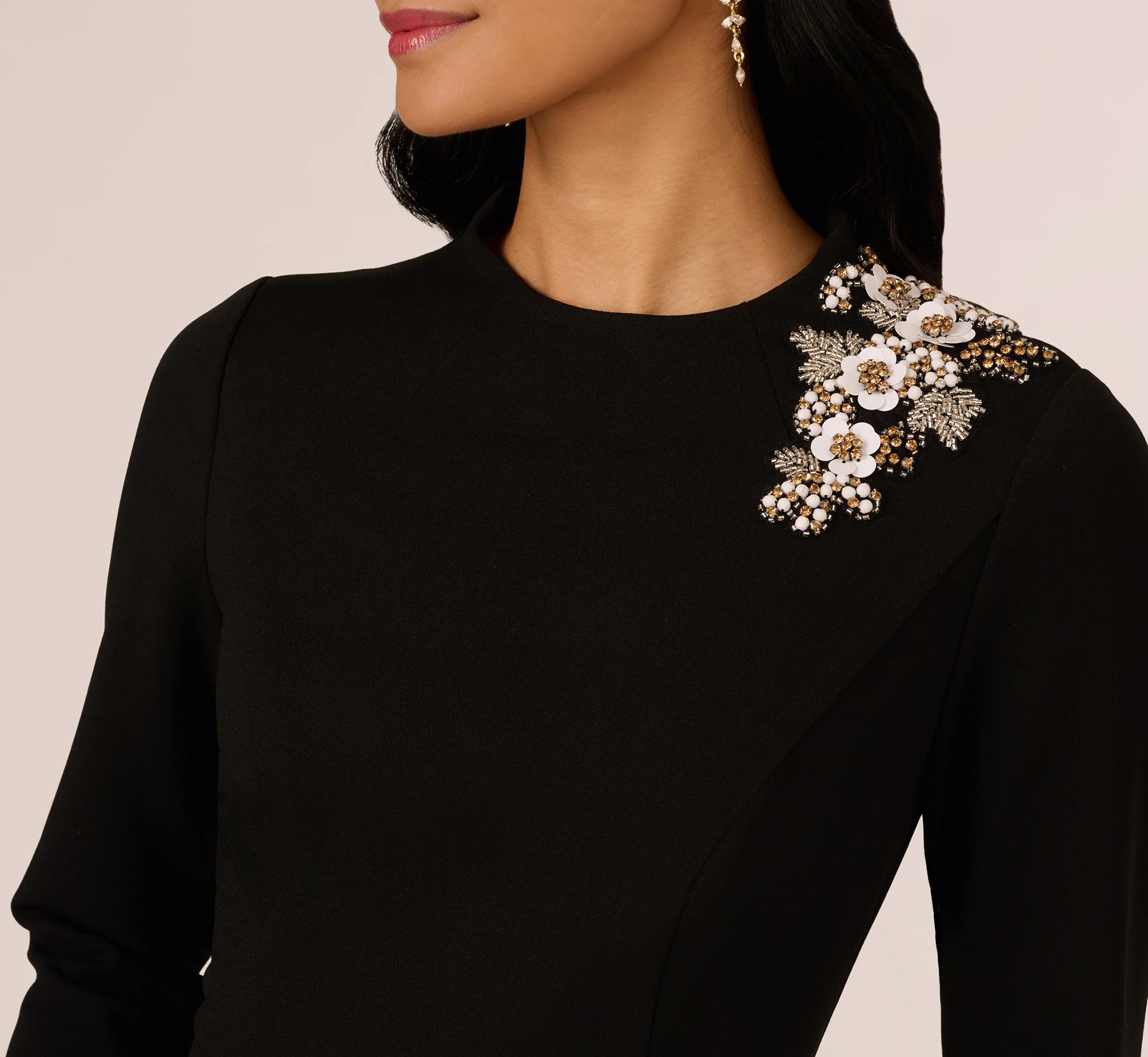 Three Quarter Sleeve Floral Applique Sheath Dress In Black - Image 4