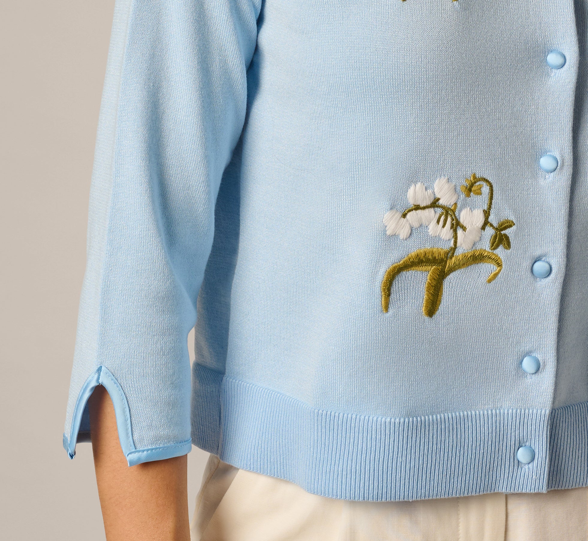 Three Quarter Sleeve Floral Embroidery Cardigan Sweater In Light Sky - Image 5