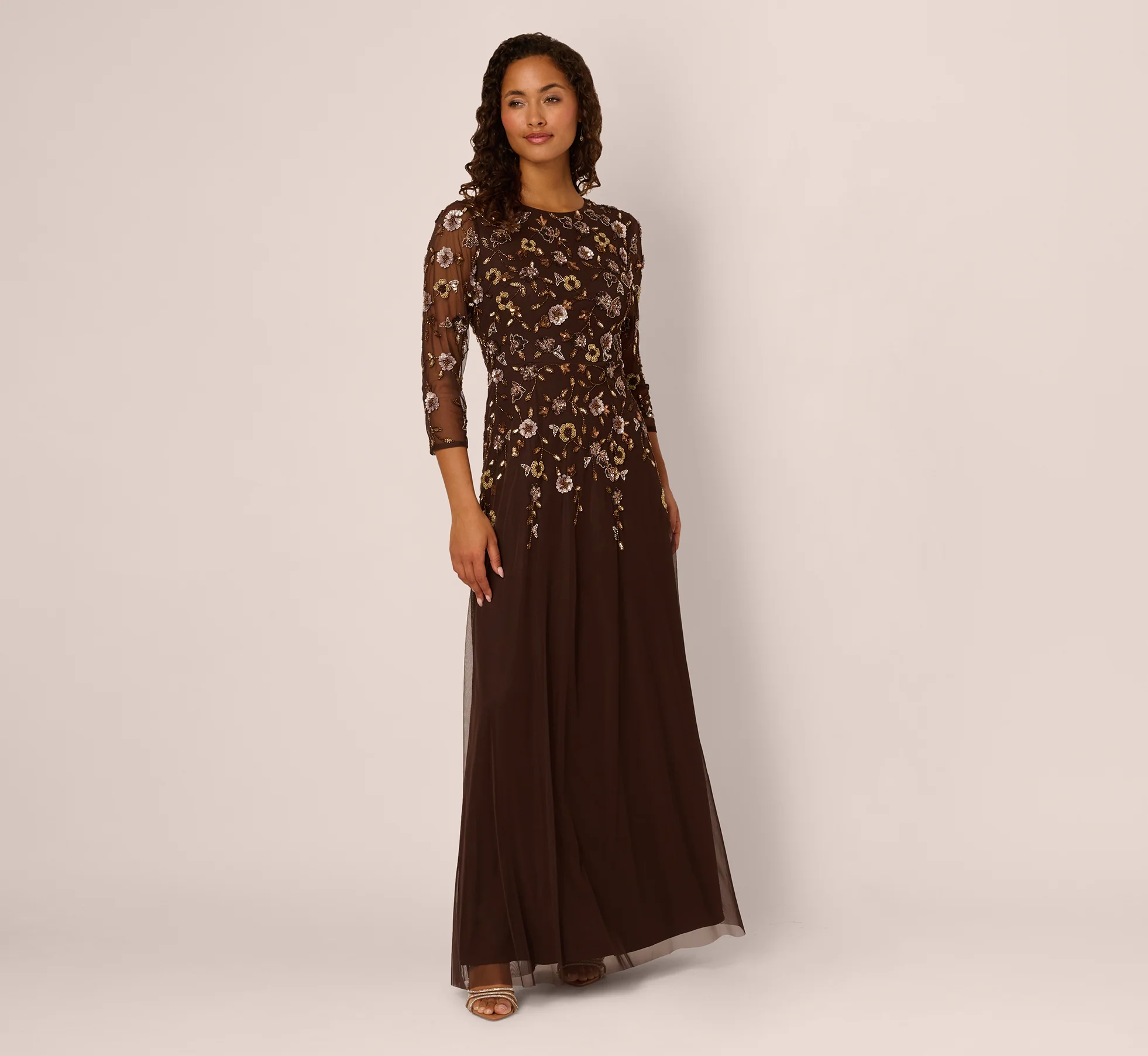 Three Quarter Sleeve Floral Sequin Beaded Gown In Chocolate - Image 2