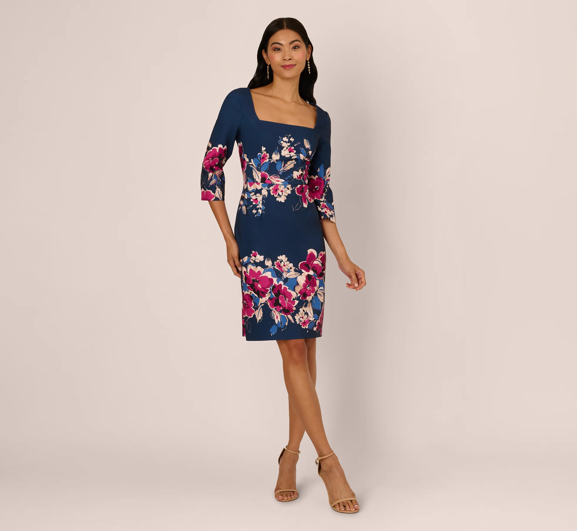 Three Quarter Sleeve Floral Sheath Dress In Navy Pink Multi - Image 7