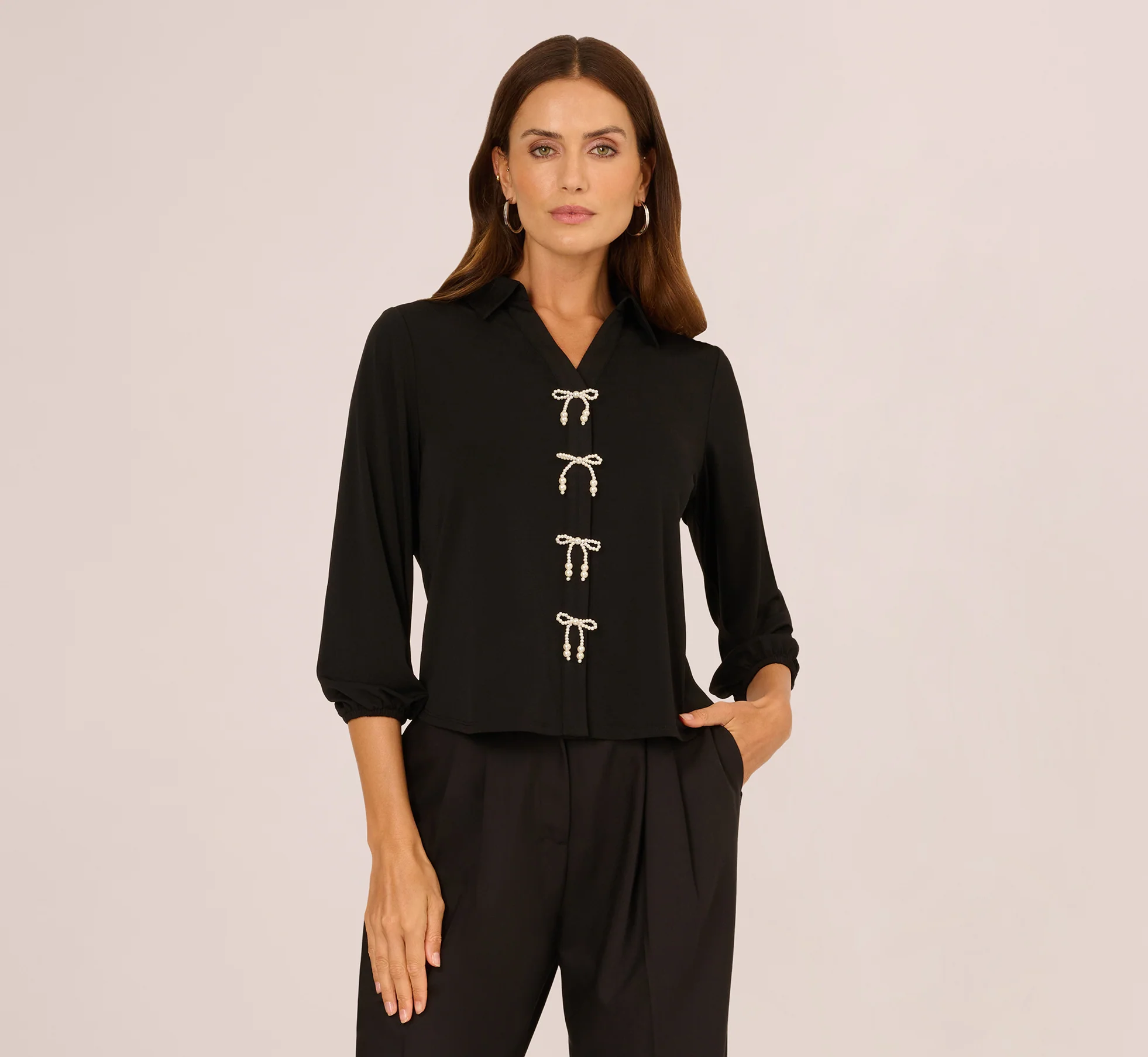 Three Quarter Sleeve Pearly Bow Blouse In Black - Image 4