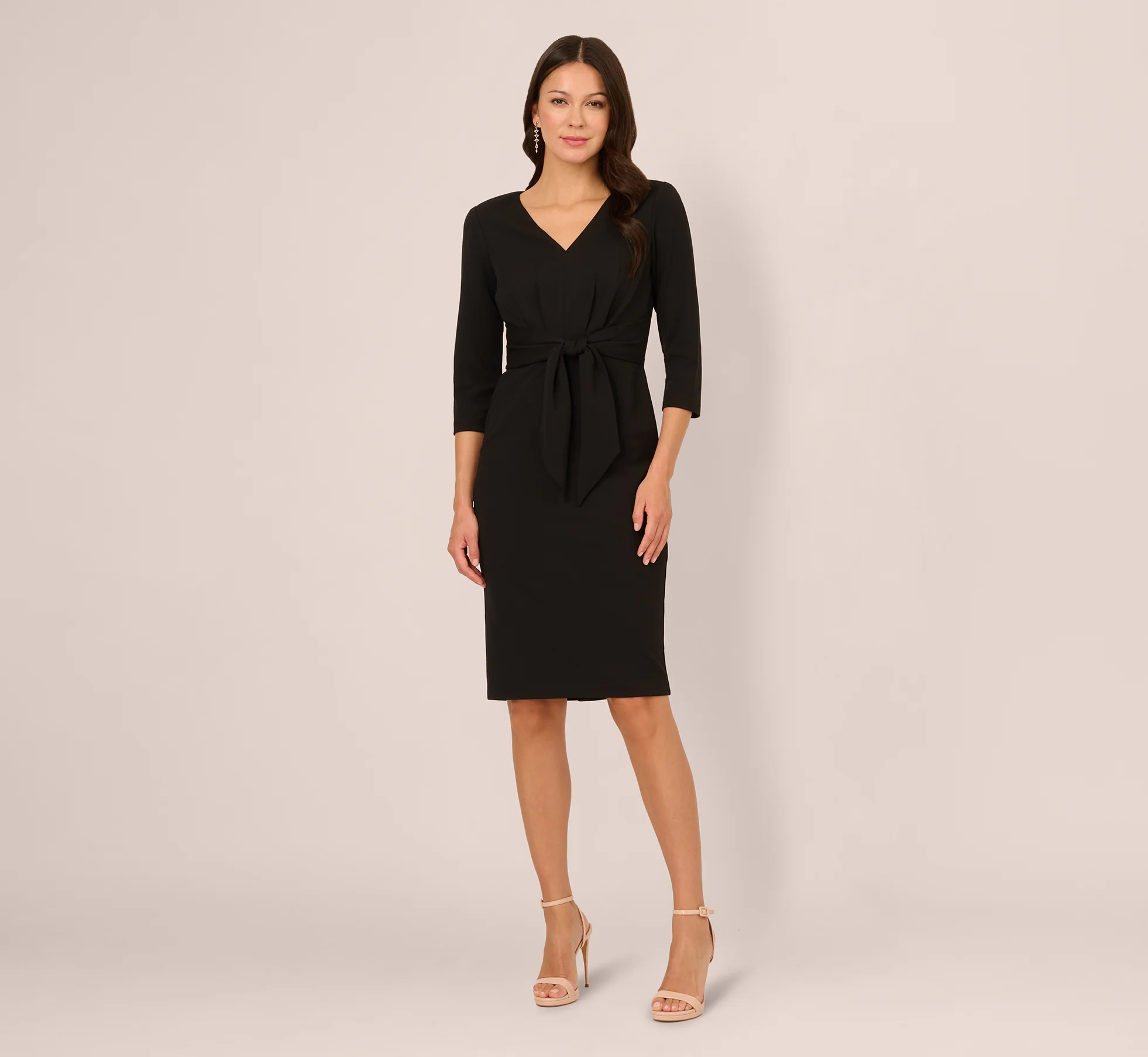 Three Quarter Sleeve Pleated Midi Dress With Tie Waist In Black - Image 7