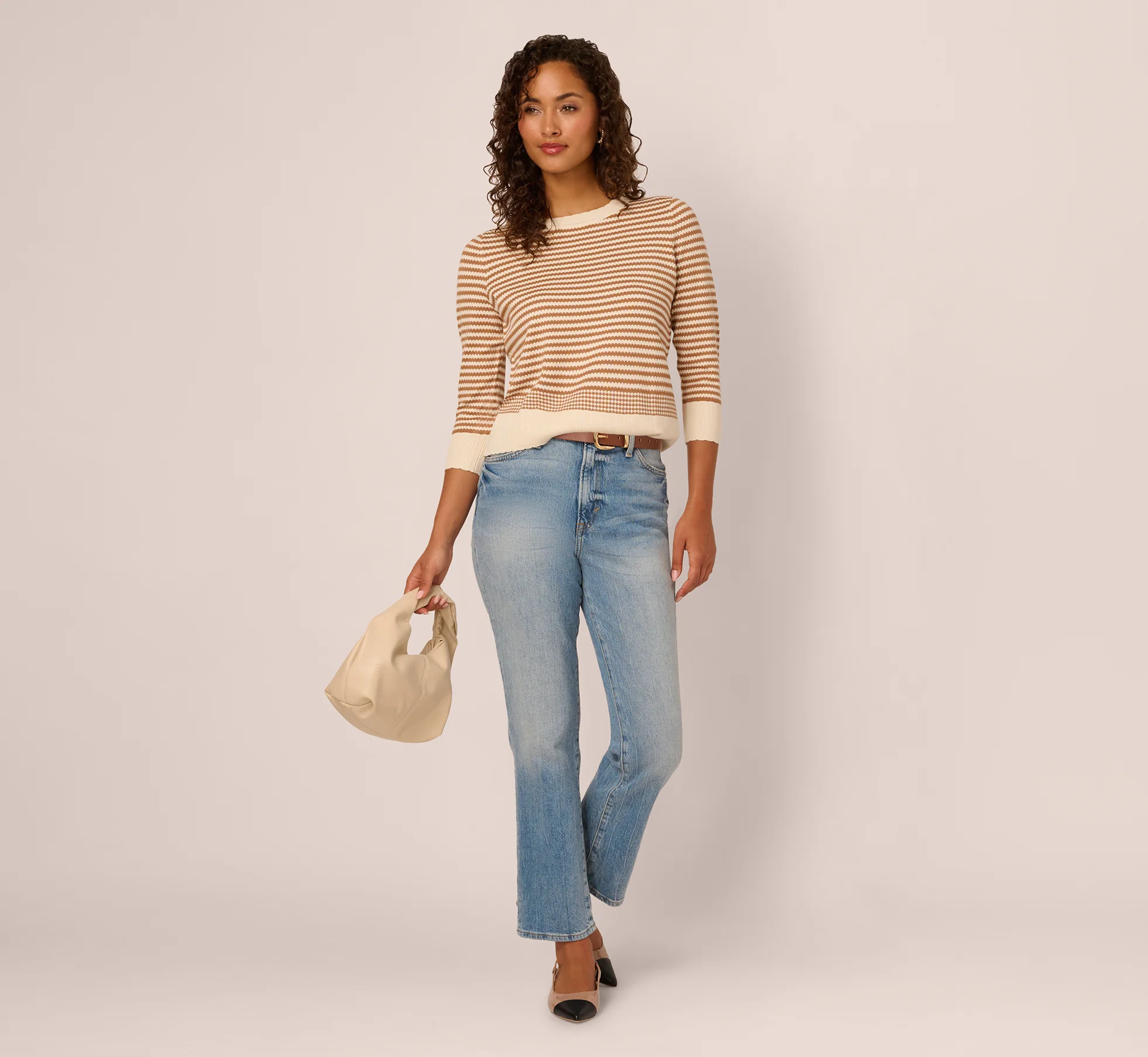 Three Quarter Sleeve Stripe Knit Sweater Top In Cream Camel - Image 3