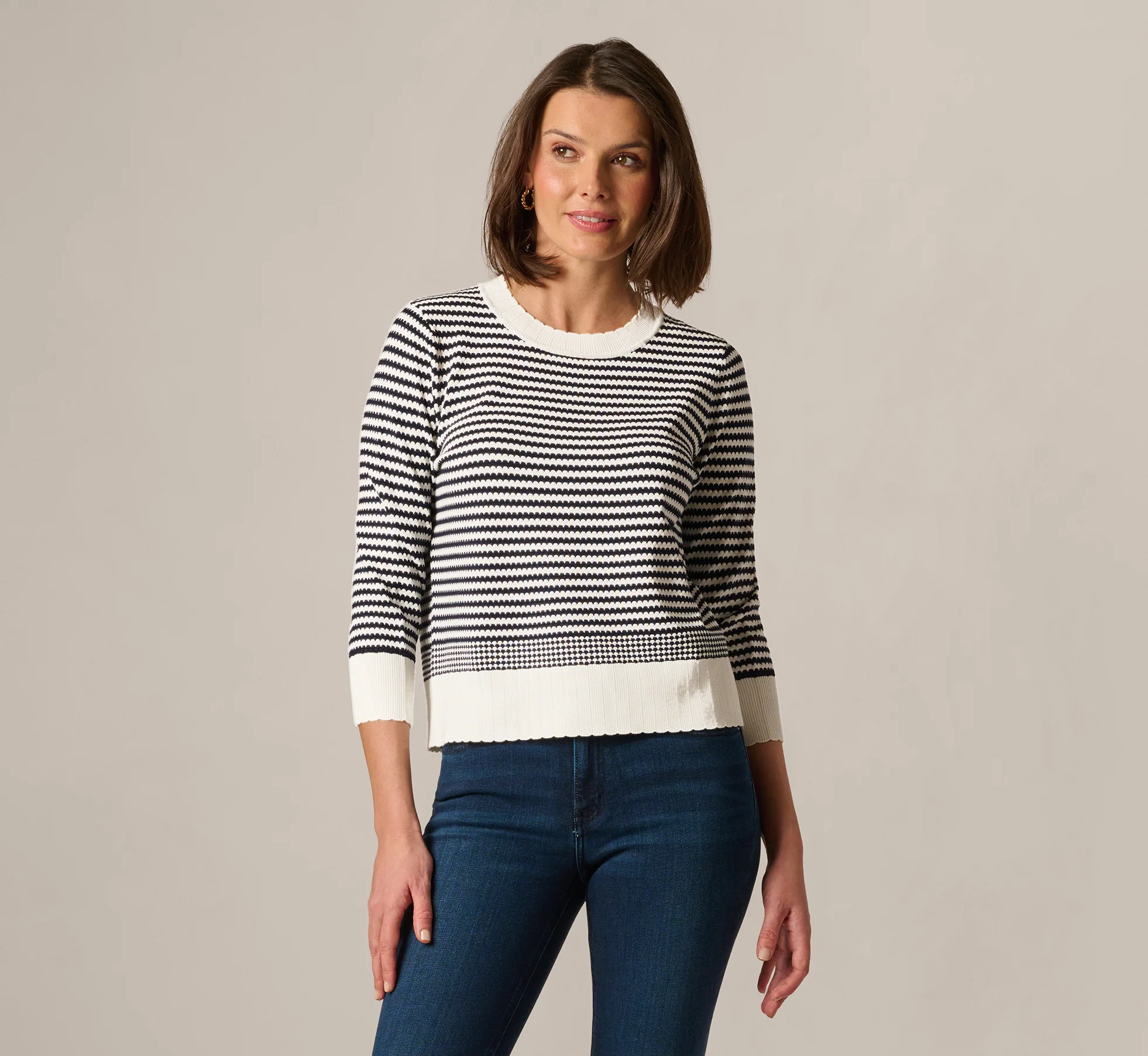 Three Quarter Sleeve Stripe Knit Sweater Top In Ivory Navy - Image 3