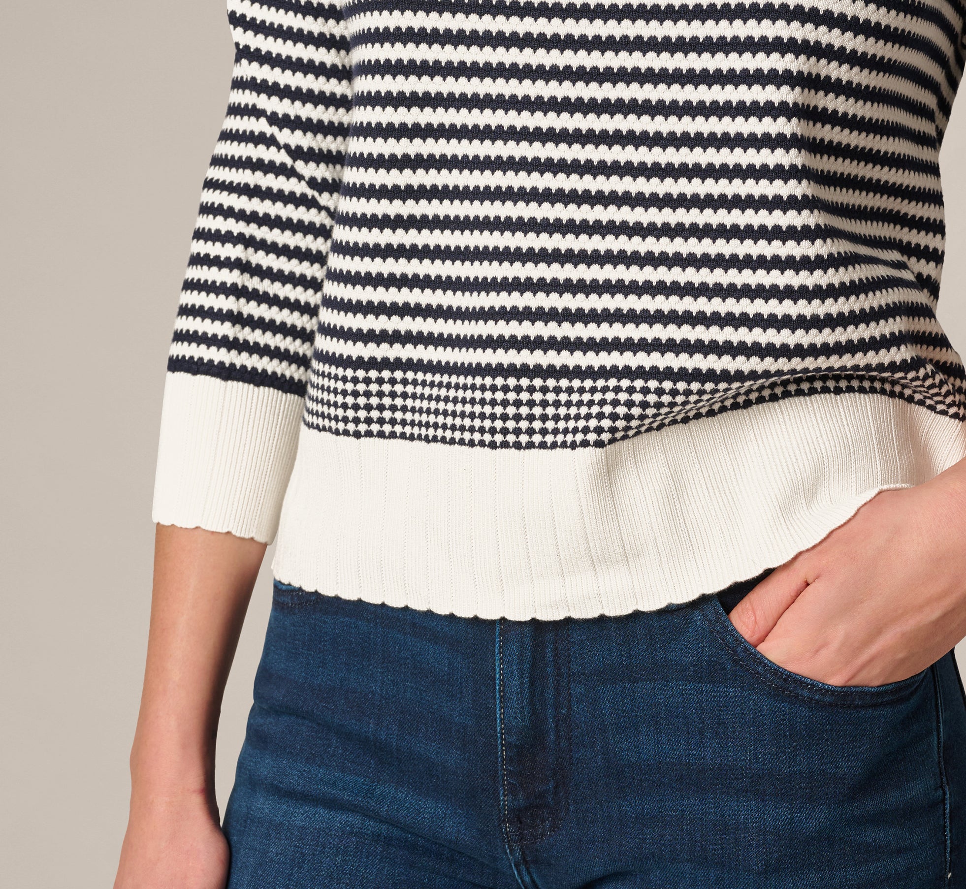 Three Quarter Sleeve Stripe Knit Sweater Top In Ivory Navy - Image 4