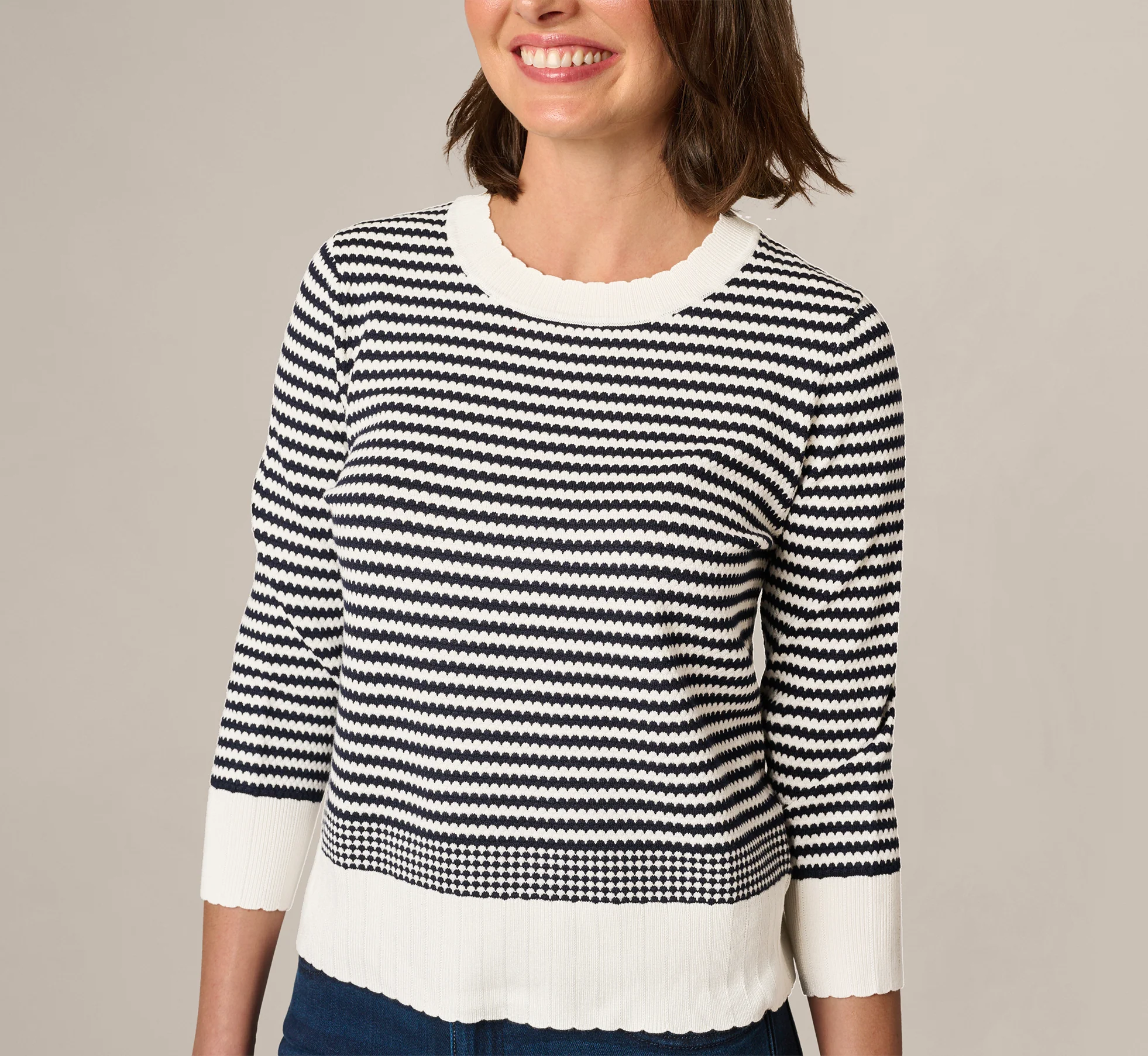 Three Quarter Sleeve Stripe Knit Sweater Top In Ivory Navy - Image 5