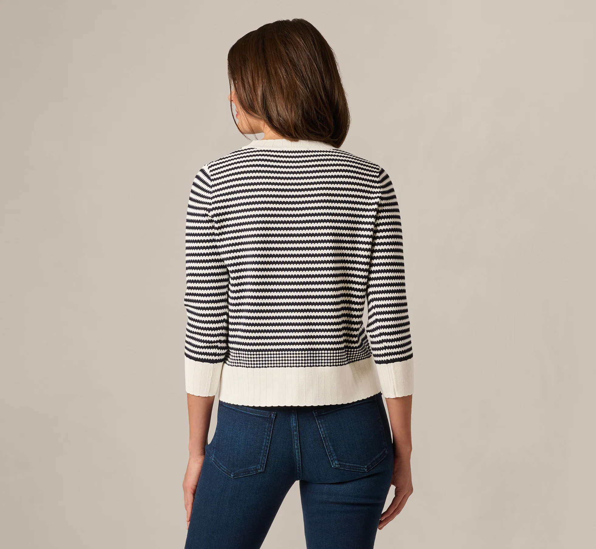 Three Quarter Sleeve Stripe Knit Sweater Top In Ivory Navy - Image 6