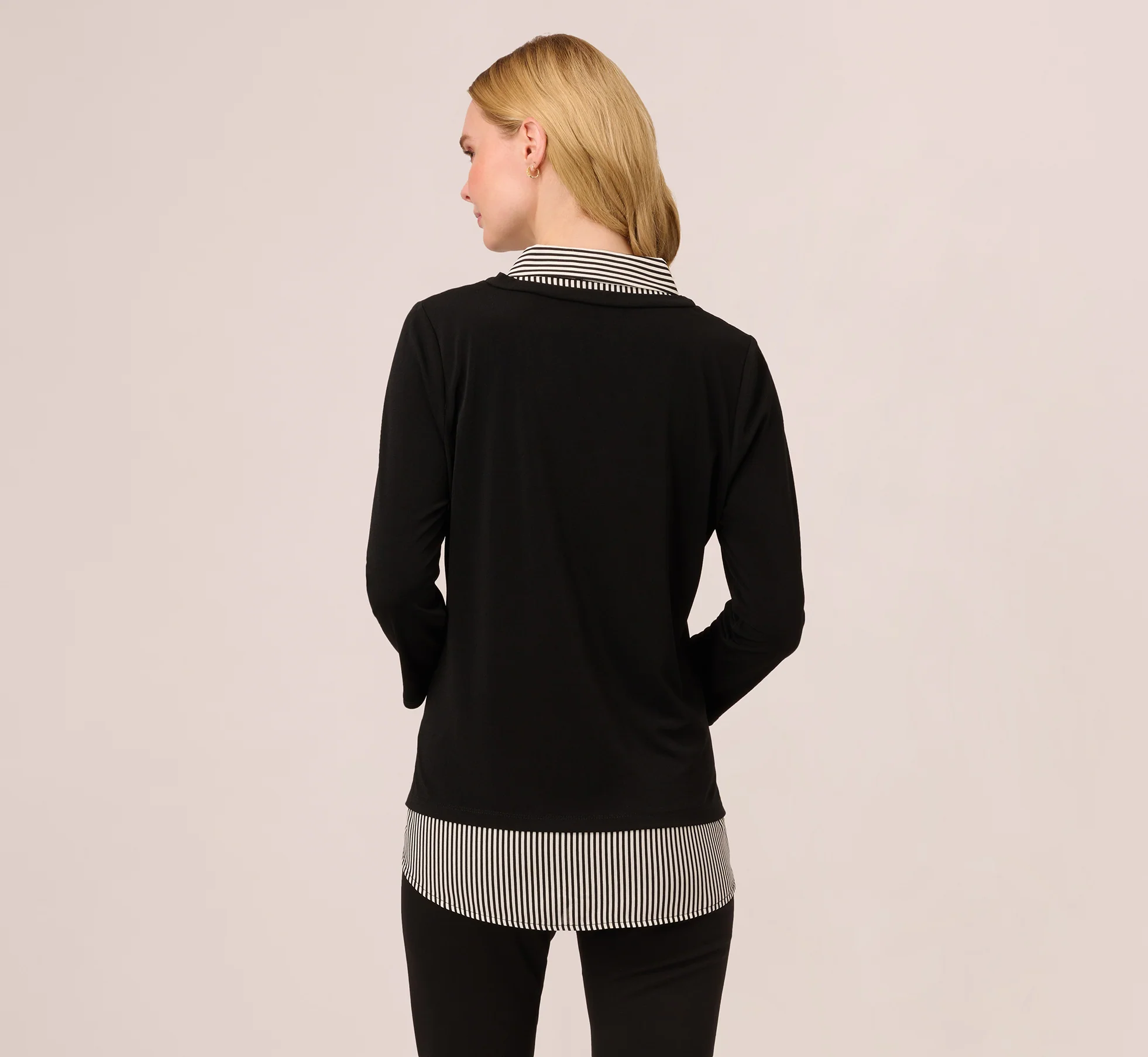 Three Quarter Sleeve Sweater With Button Down Accents In Blackw Black Ivorysmall Stripe - Image 6