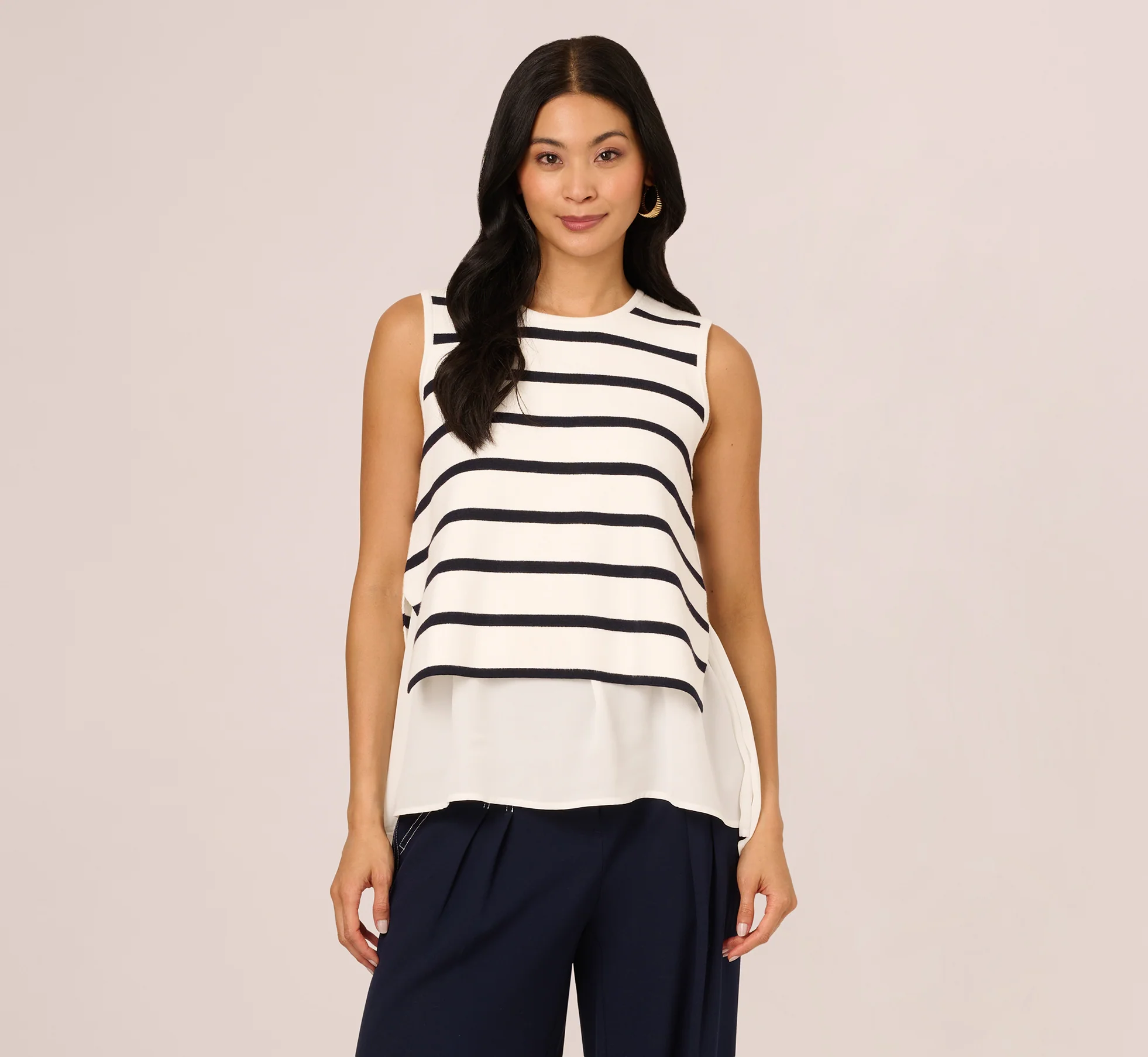 Tie Back Twofer Tank Sweater In Ivory Navy W  Ivory - Image 4