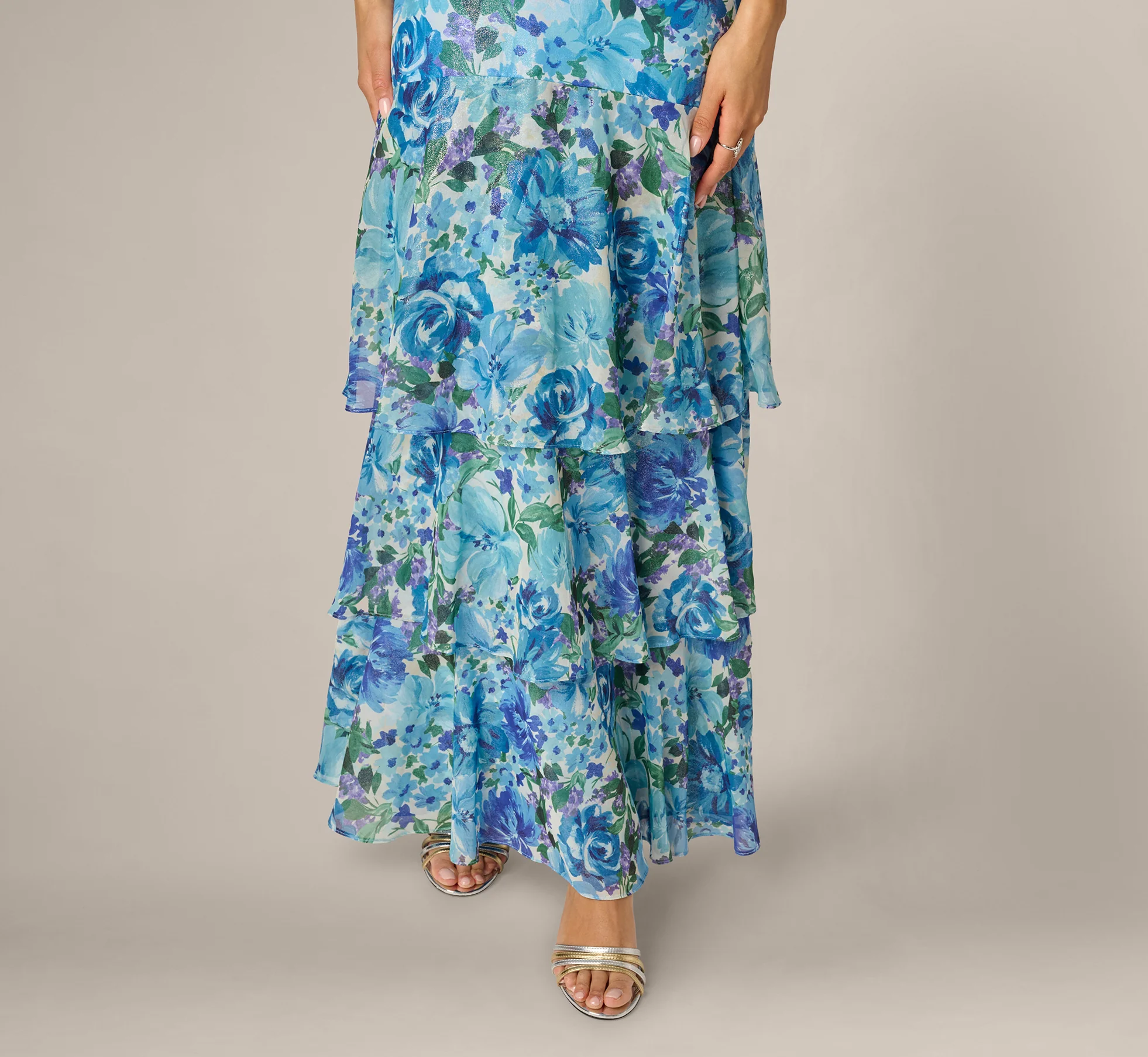 Tiered Metallic Floral Chiffon Halter Gown In Blue Multi - Image 5