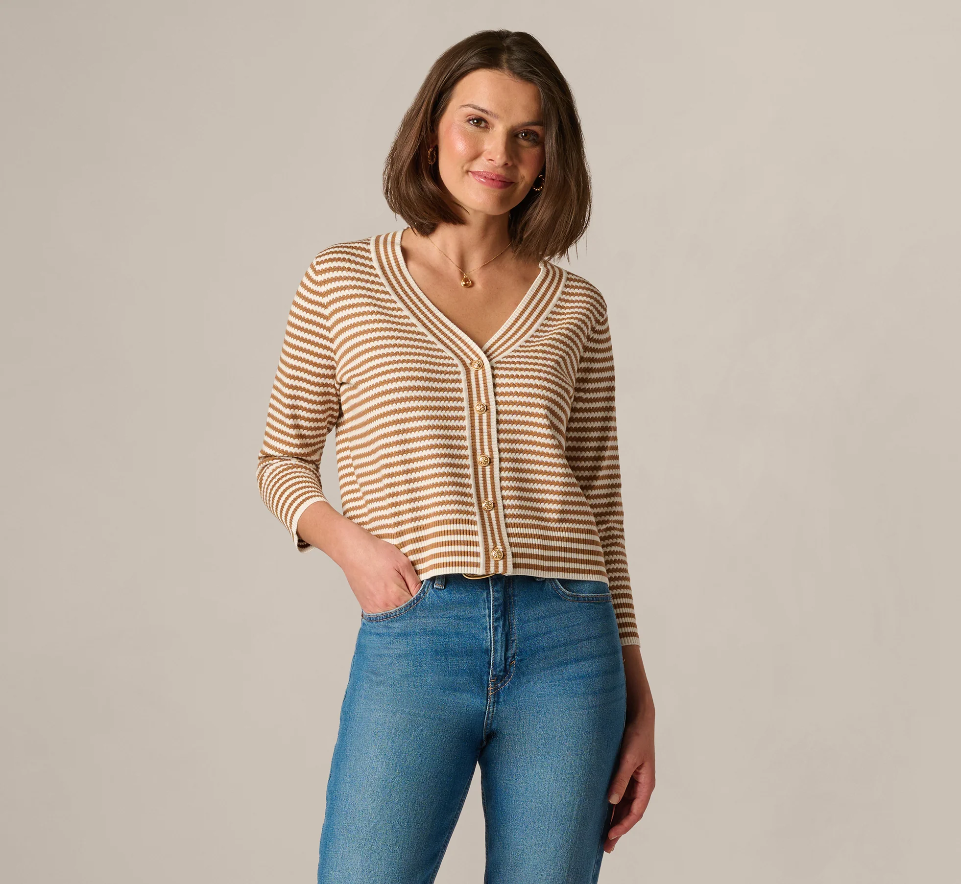 V Neck Button Front Cardigan Sweater In Ivory Camel - Image 3