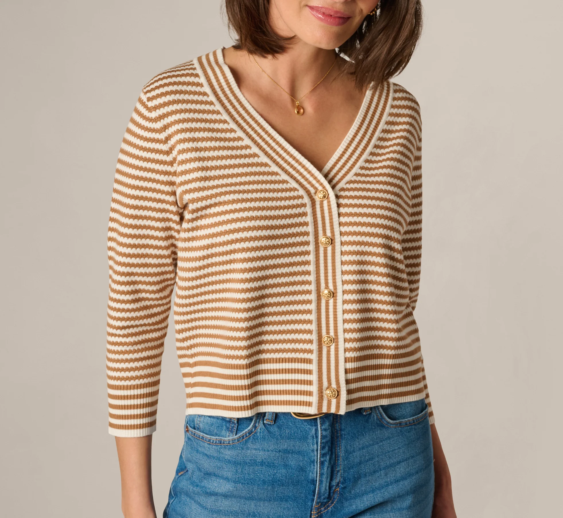 V Neck Button Front Cardigan Sweater In Ivory Camel - Image 4