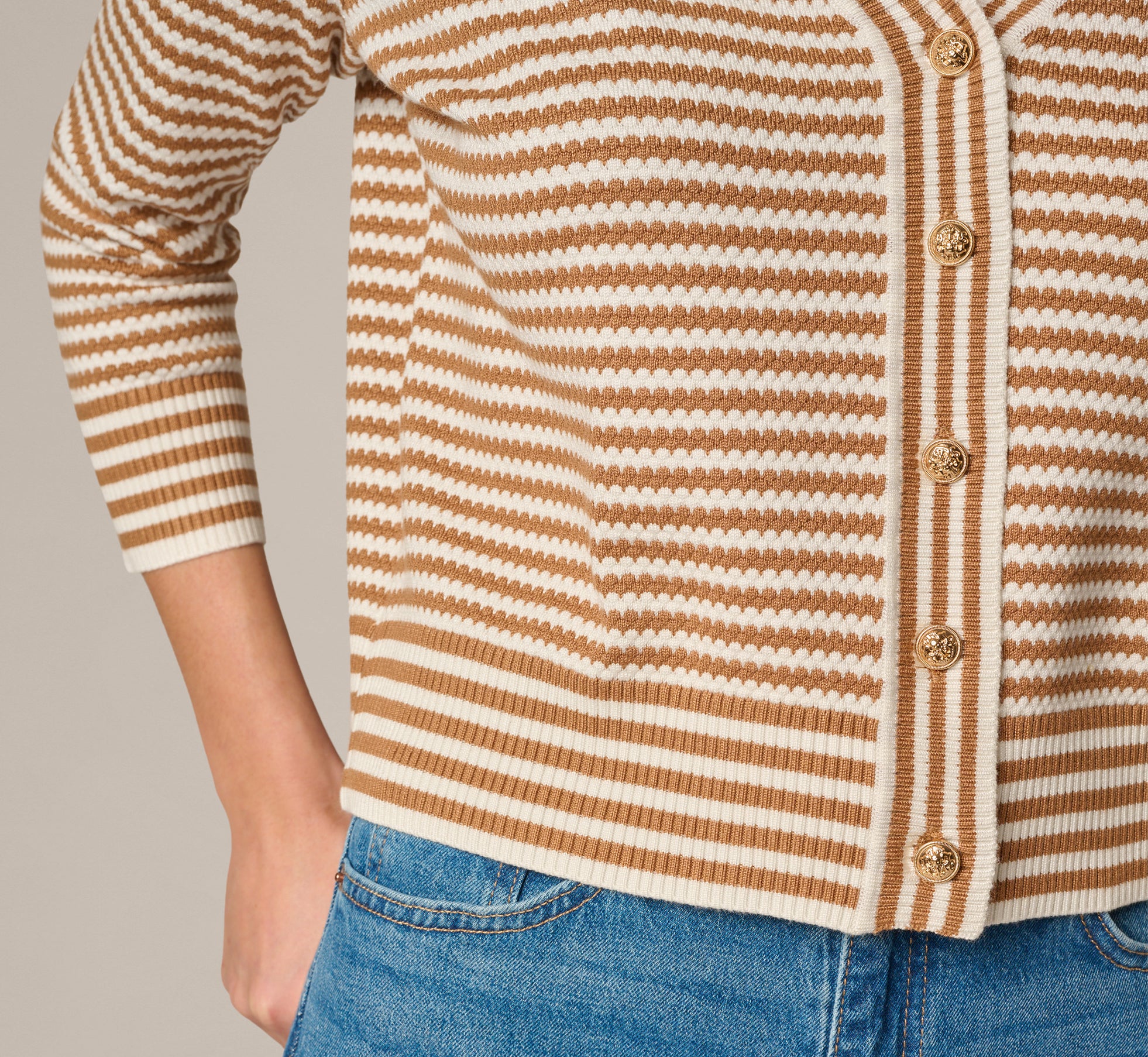 V Neck Button Front Cardigan Sweater In Ivory Camel - Image 5