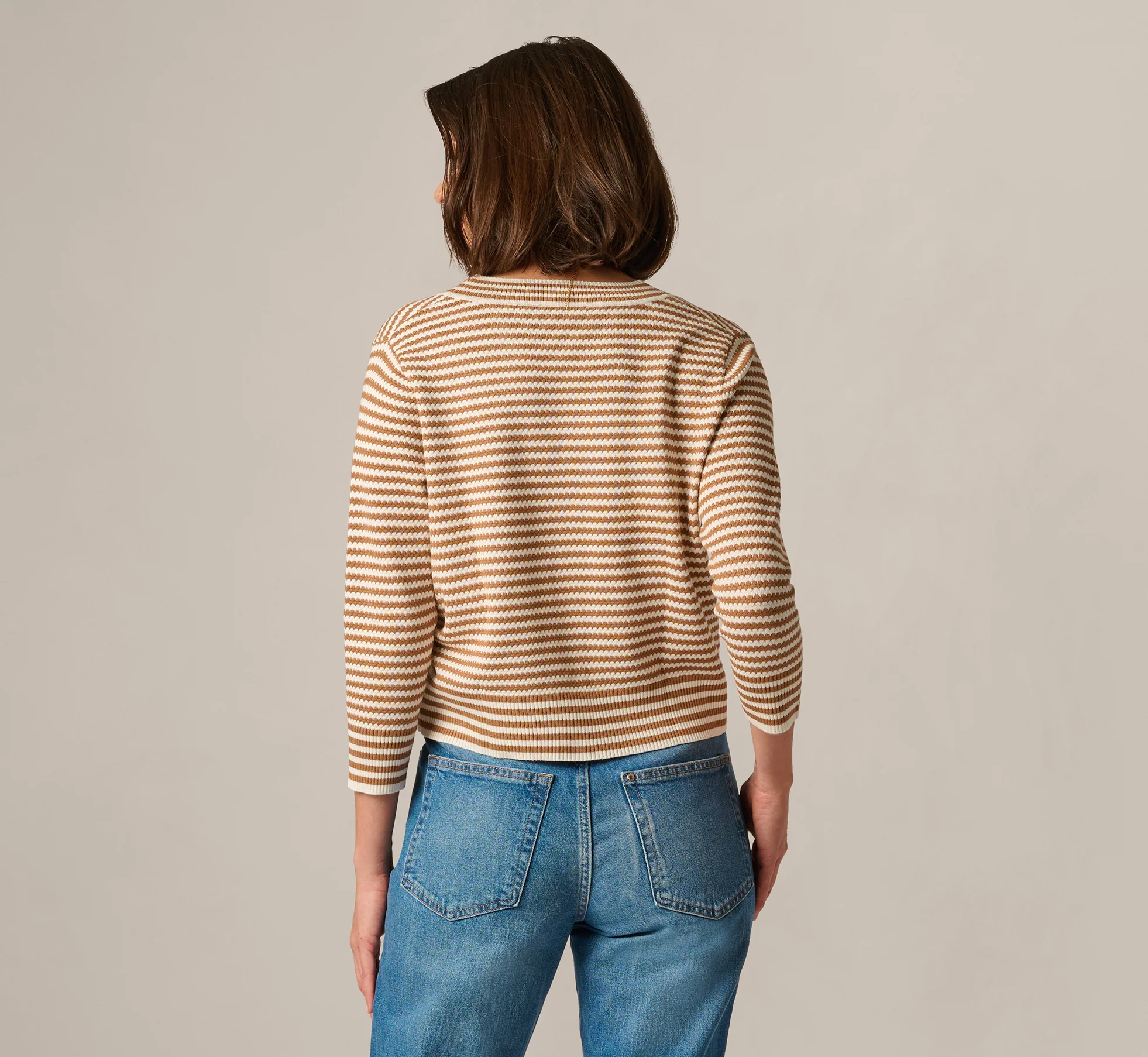 V Neck Button Front Cardigan Sweater In Ivory Camel - Image 6