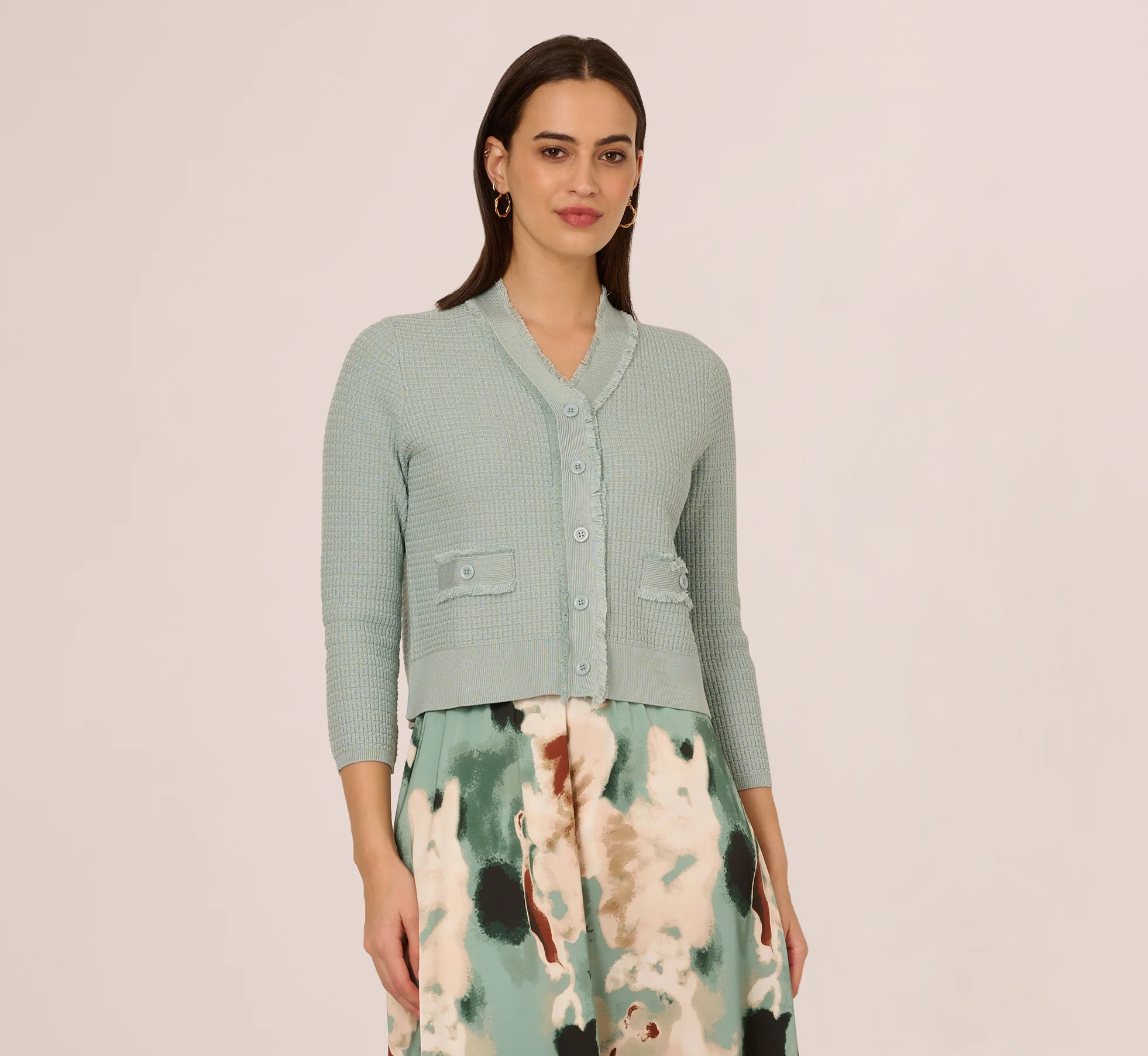 Waffle Knit Cardigan Sweater With Frayed Edges In Dusty Seamist - Image 4
