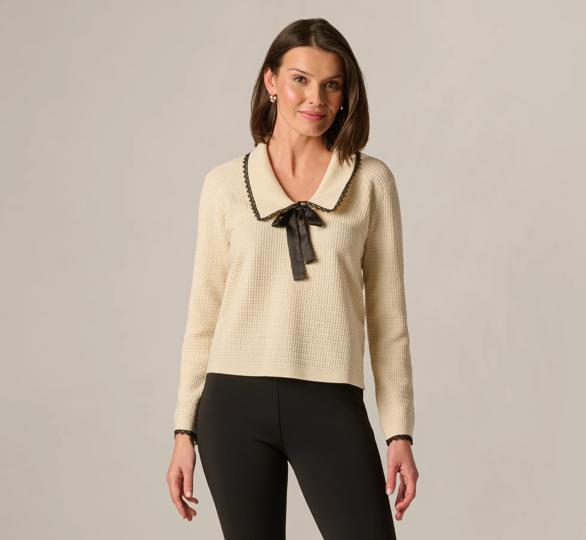 Waffle Weave Bow Collar Pullover Sweater In Cream Black - Image 3