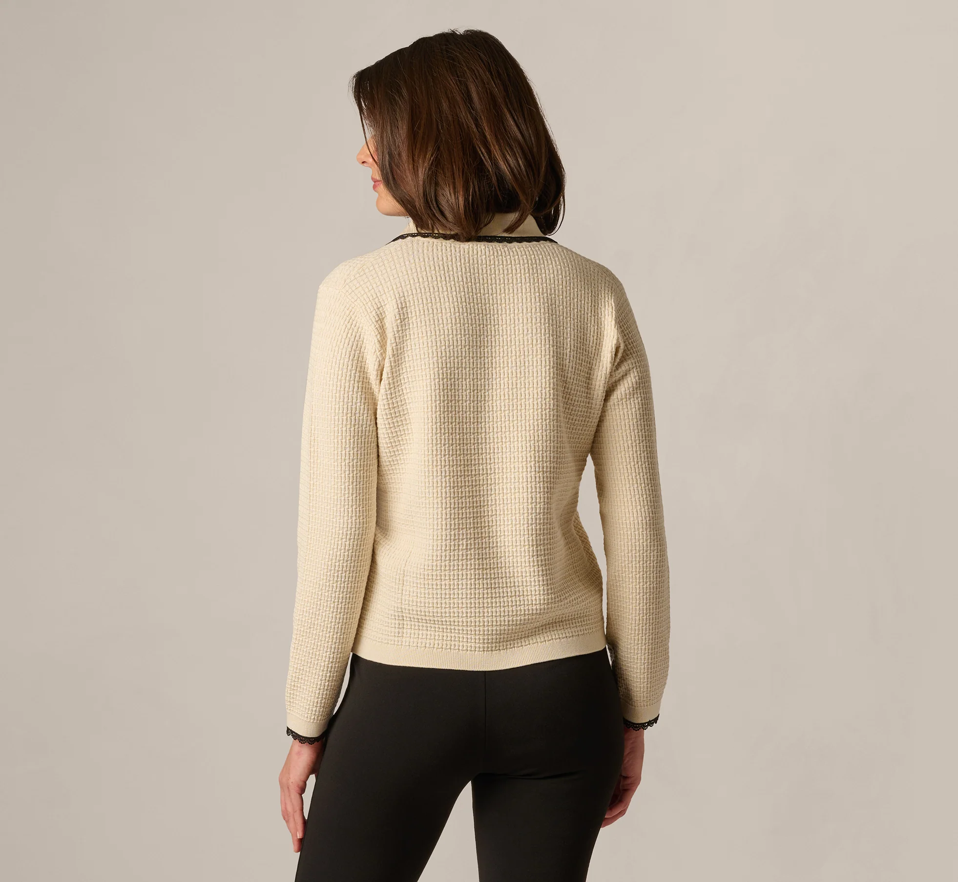 Waffle Weave Bow Collar Pullover Sweater In Cream Black - Image 6