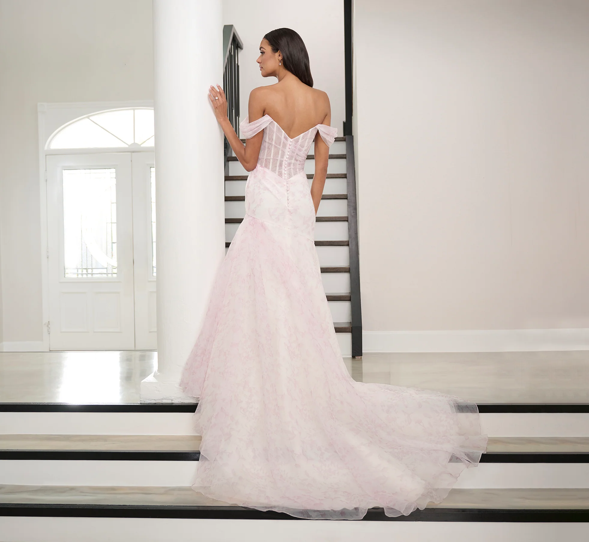 Watercolor Printed Organza Gown In Blush Multi - Image 3