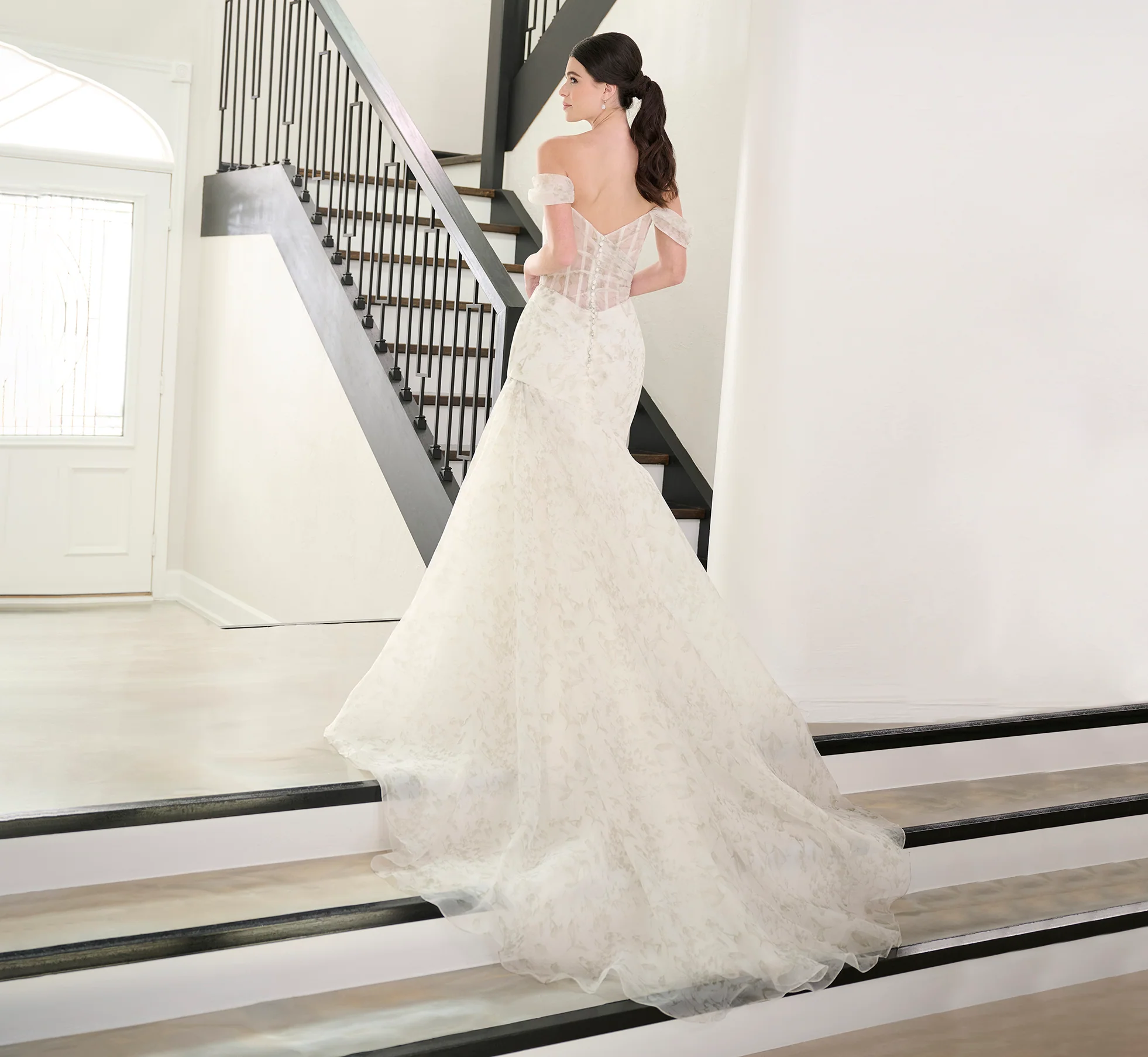 Watercolor Printed Organza Gown In Green Multi - Image 3