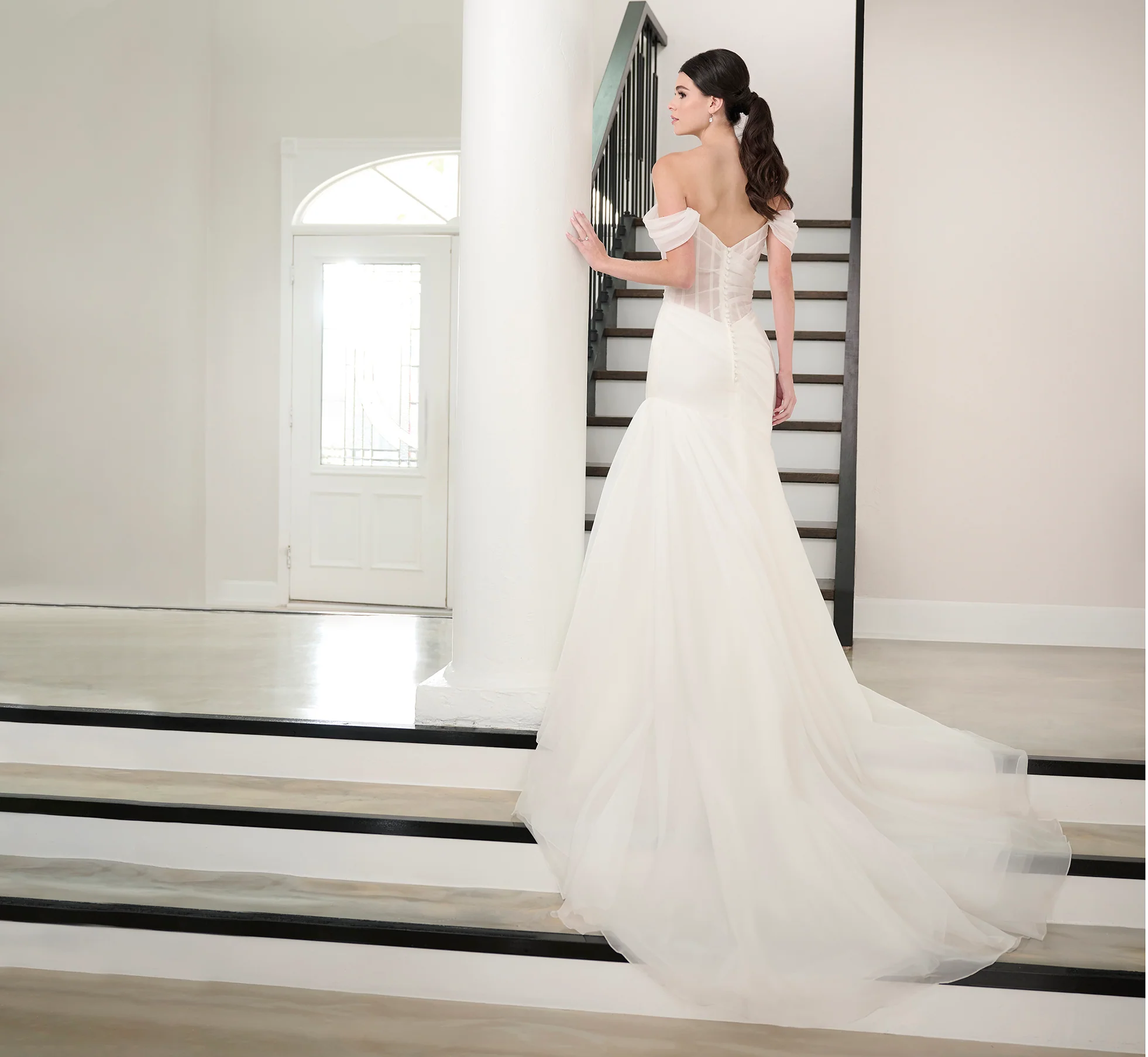 Watercolor Printed Organza Gown In Ivory - Image 3